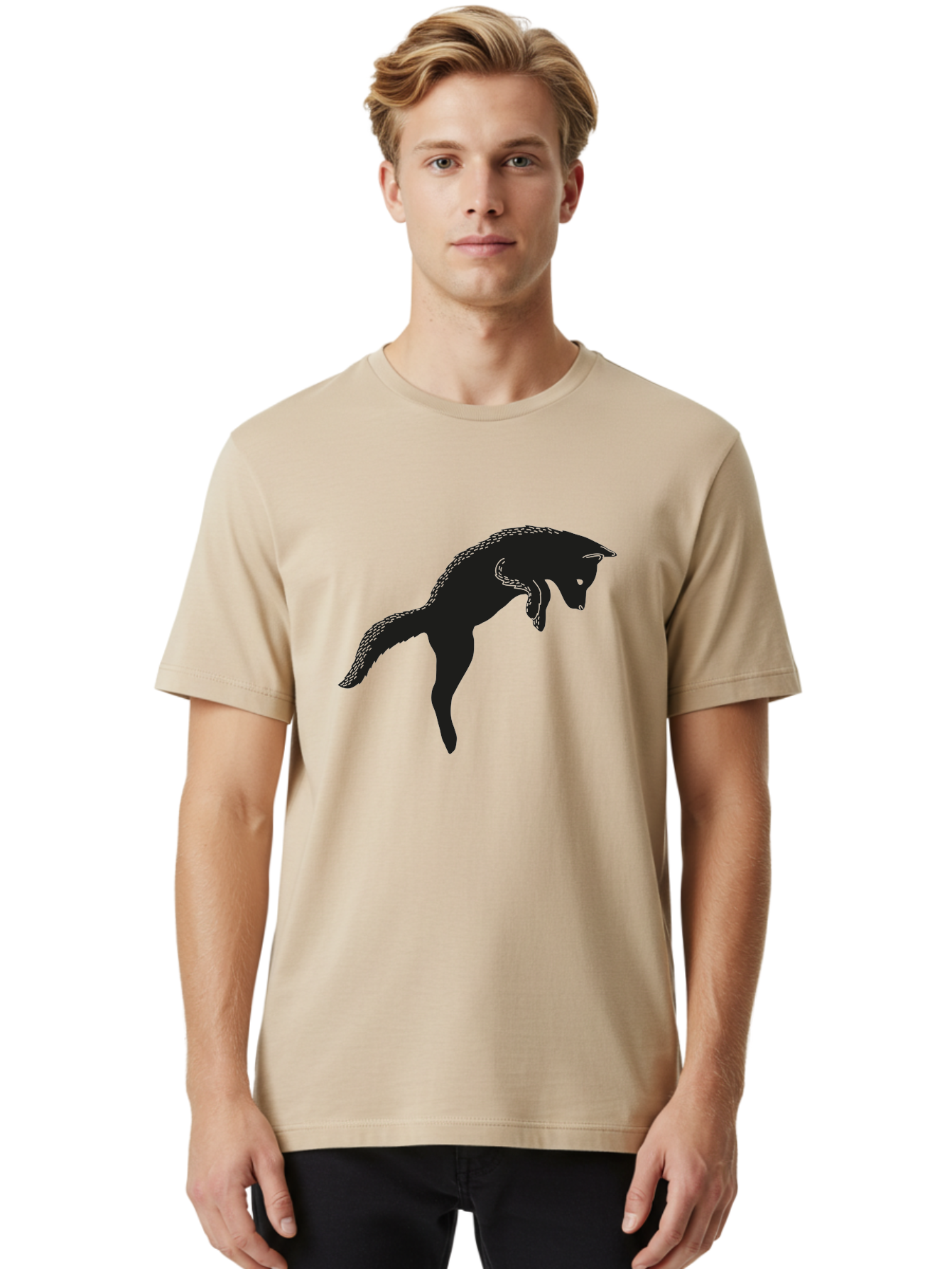 Black-Fox-Silhouette Men'S Graphic Tee, 100% Cotton, Comfortable Casual Summer Wear, Machine Washable, Squirrel Silhouette, Animal Graphic, Wildlife Illustration, Forest Creature, Cute Animal, Jumping Squirrel, Nut Love, Tree Dweller, Aac190
