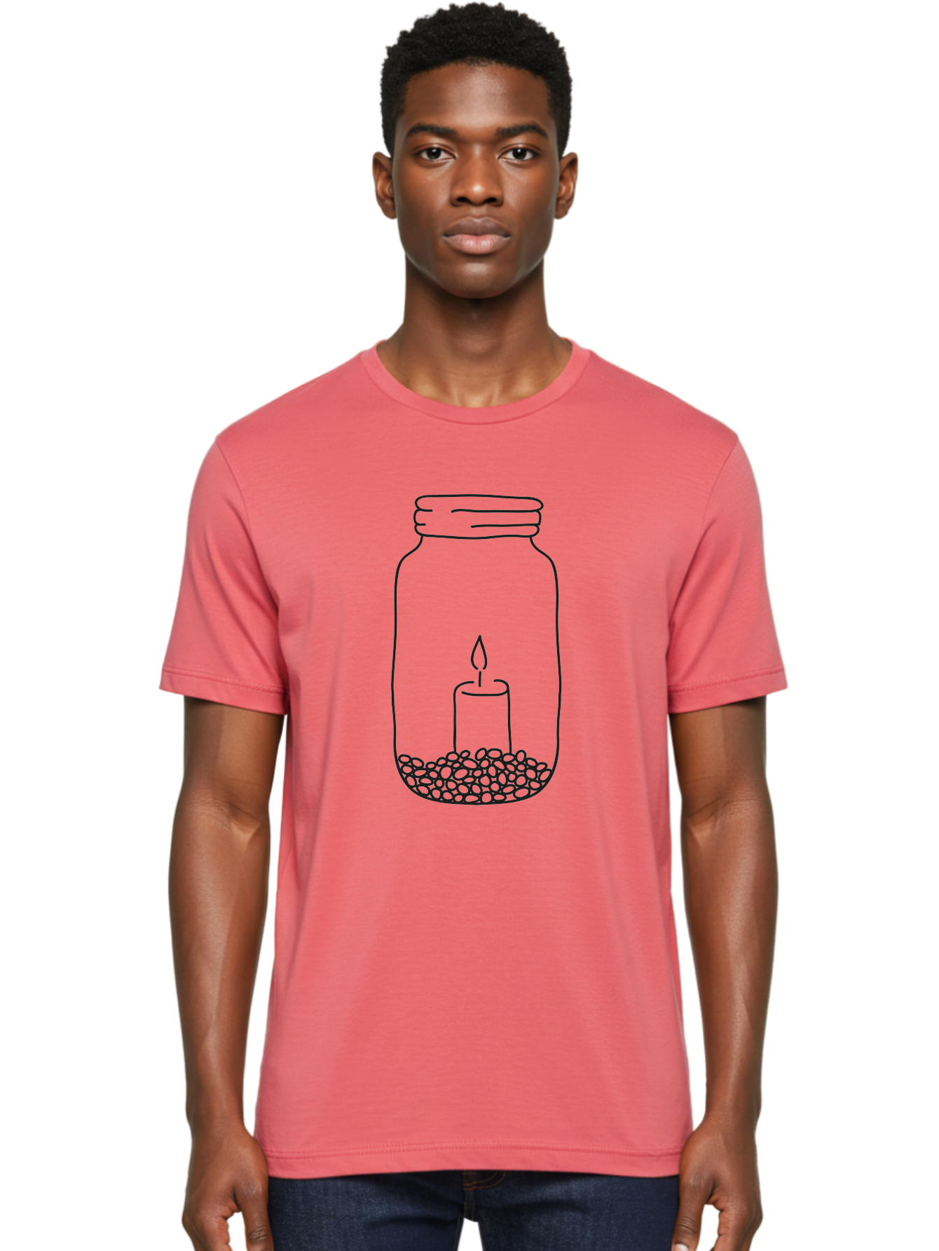 Candle-In-Jar-1 Men'S Graphic Tee, 100% Cotton, Comfortable Casual Summer Wear, Machine Washable, Candle In A Jar, Lit Candle, Pebbles, Simple Line Art, Minimalist Design, Meditation Symbol, Peaceful Ambiance, Zen Decor Aac197