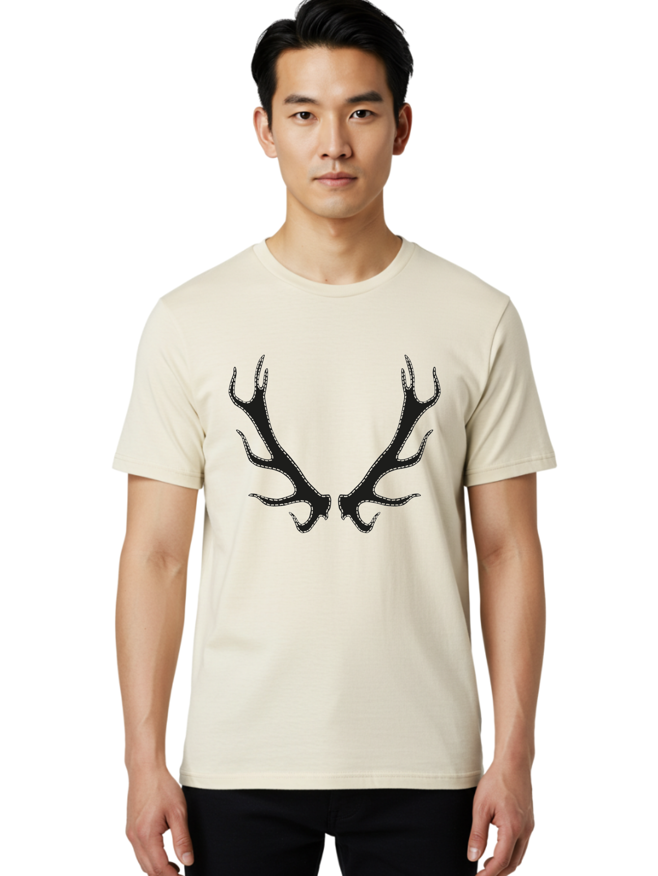 Deer-Antlers-1 Men'S Graphic Tee, 100% Cotton, Comfortable Casual Summer Wear, Machine Washable, Deer Antlers, Animal Horns, Wildlife, Hunting, Outdoors, Nature-Inspired Design, Symmetrical Horns, Black Silhouettes, Abstract Shapes, Aac205