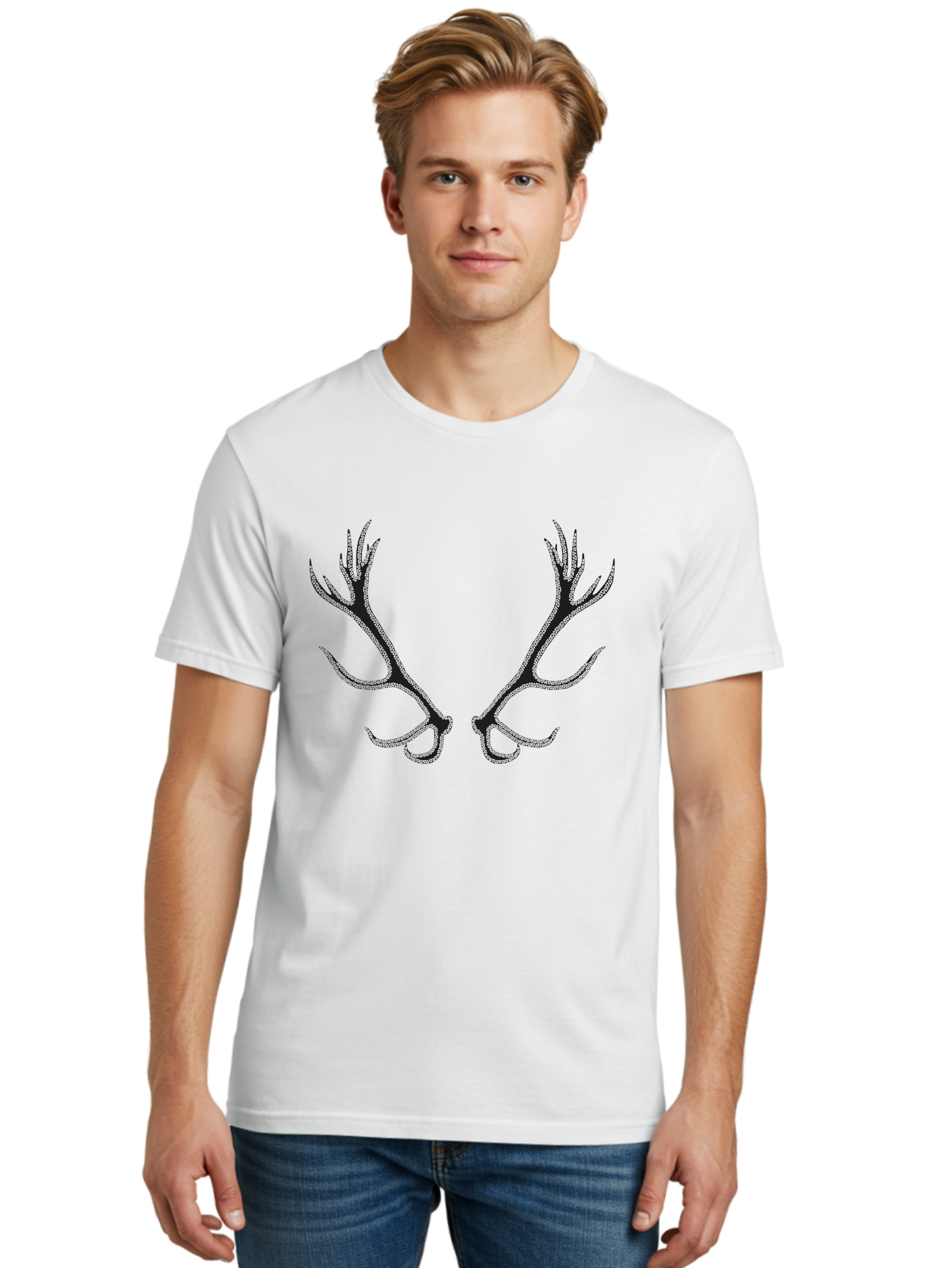 Deer-Antlers-2 Men'S Graphic Tee, 100% Cotton, Comfortable Casual Summer Wear, Machine Washable, Deer Antlers, Forest Wildlife, Nature-Inspired Art, Majestic Horns, Symmetrical Design, Dark Silhouette Aac206
