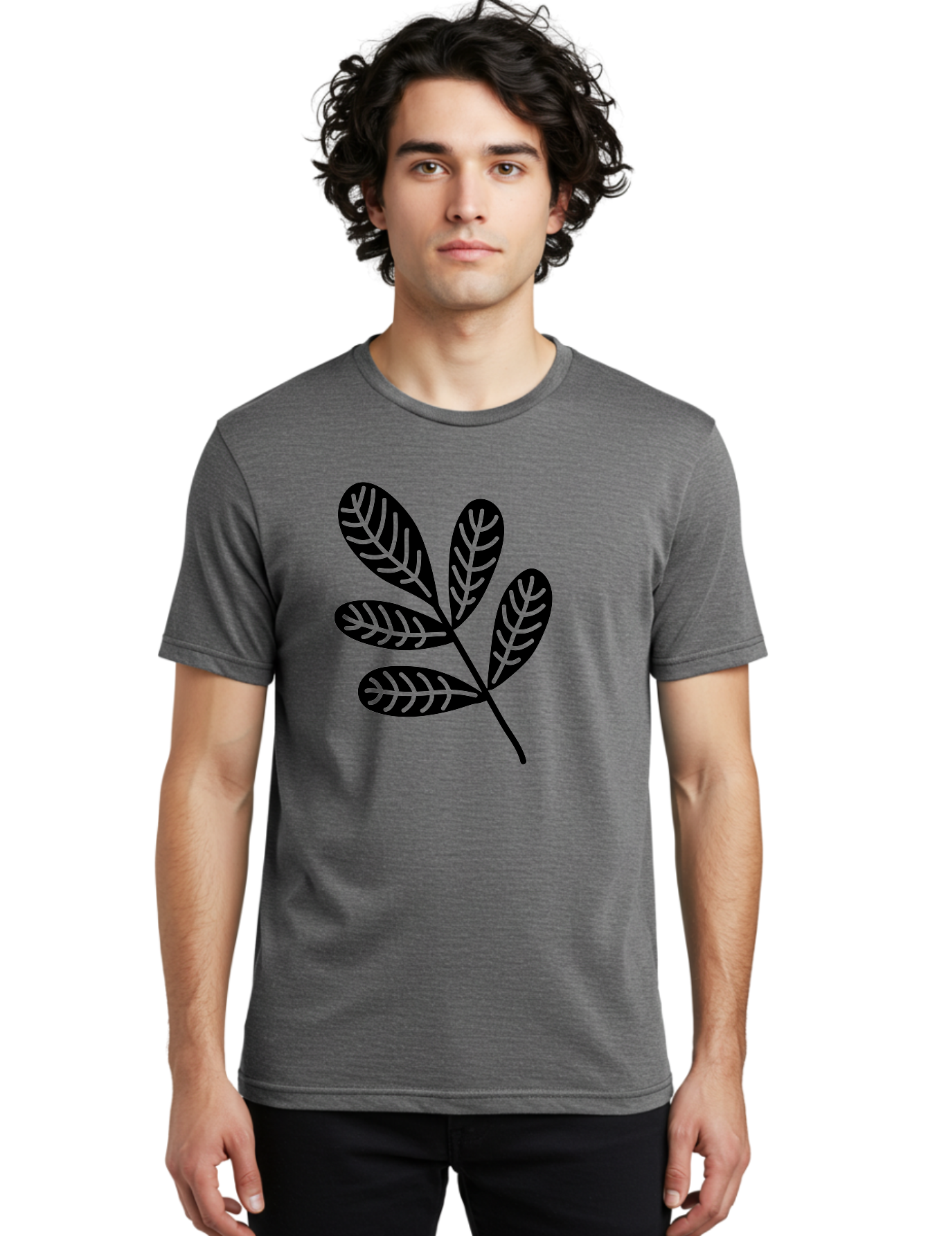 Five-Leaves Men'S Graphic Tee, 100% Cotton, Comfortable Casual Summer Wear, Machine Washable, Black Leaves, Leafy Branch, Foliage Illustration, Nature Graphics, Simple Leaf Design, Minimalist Botanical Art, Leaf Silhouette Aac210