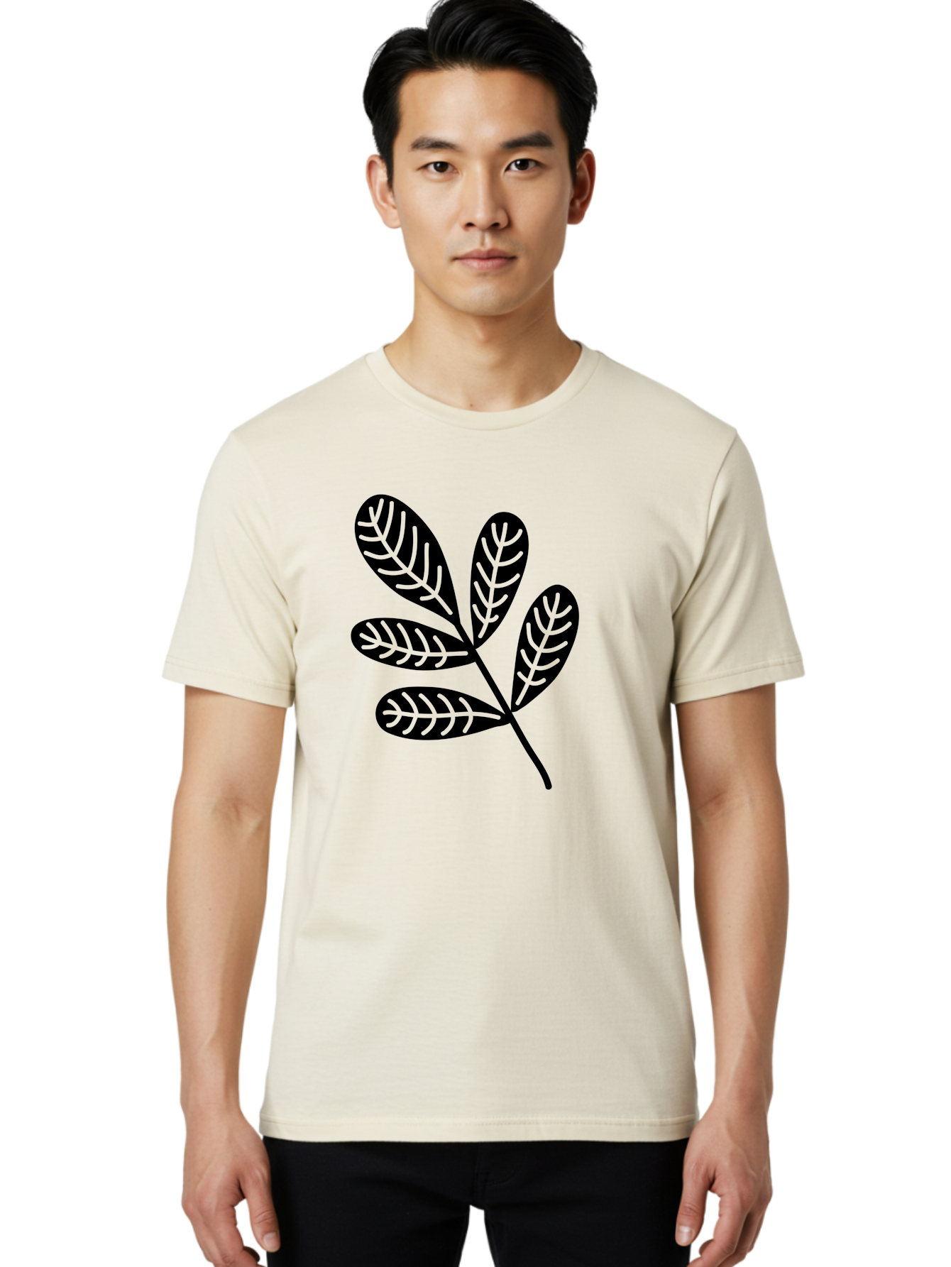 Five-Leaves Men'S Graphic Tee, 100% Cotton, Comfortable Casual Summer Wear, Machine Washable, Black Leaves, Leafy Branch, Foliage Illustration, Nature Graphics, Simple Leaf Design, Minimalist Botanical Art, Leaf Silhouette Aac210