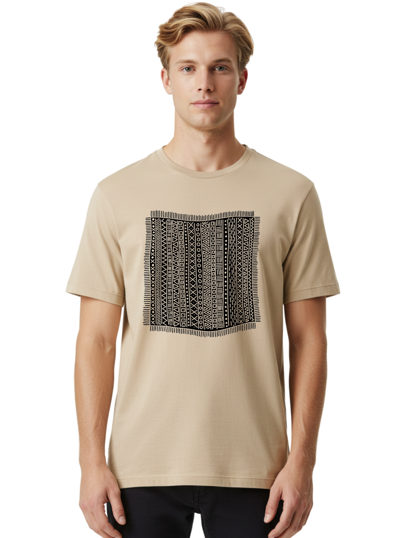 Geometric-Pattern Men'S Graphic Tee, 100% Cotton, Comfortable Casual Summer Wear, Machine Washable, Geometric Shapes, Tribal Patterns, Abstract Design, Ethnic Motifs, Traditional Textiles, Cultural Heritage, Symbolic Elements Aac214