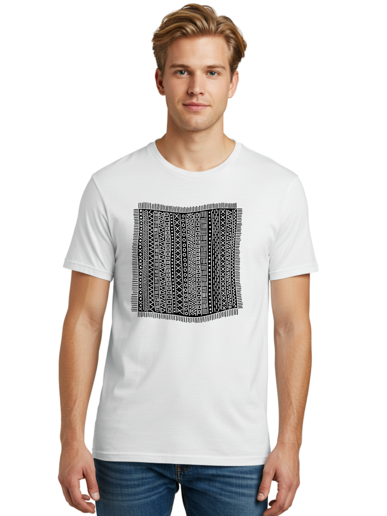 Geometric-Pattern Men'S Graphic Tee, 100% Cotton, Comfortable Casual Summer Wear, Machine Washable, Geometric Shapes, Tribal Patterns, Abstract Design, Ethnic Motifs, Traditional Textiles, Cultural Heritage, Symbolic Elements Aac214