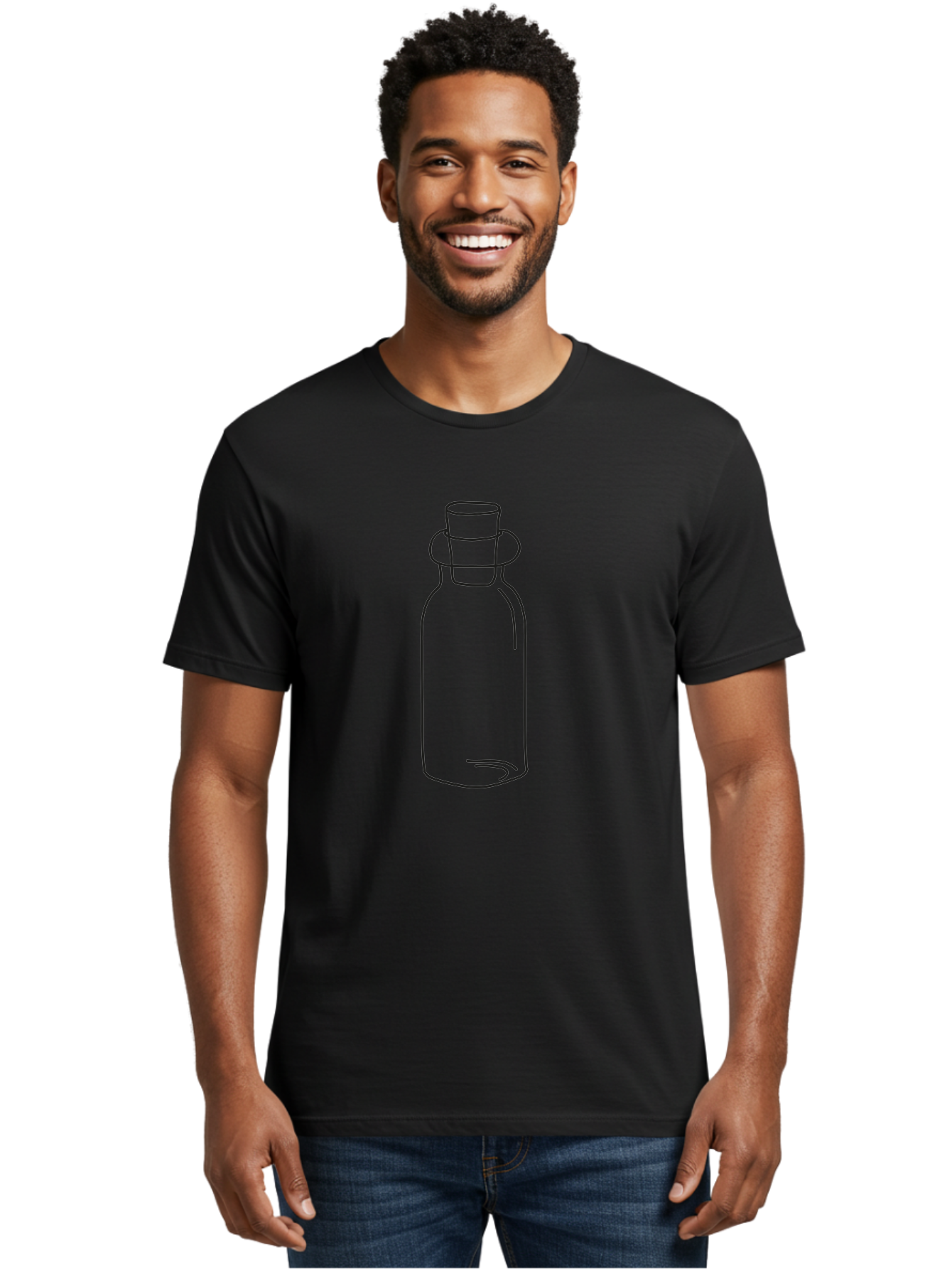 Glass-Bottle Men'S Graphic Tee, 100% Cotton, Comfortable Casual Summer Wear, Machine Washable, Simple Line Drawing, Minimalist Design, Apothecary Bottle, Vintage Style, Cork Stopper, Black Outline, Elegant Shape, Classic Bottle Design Aac215