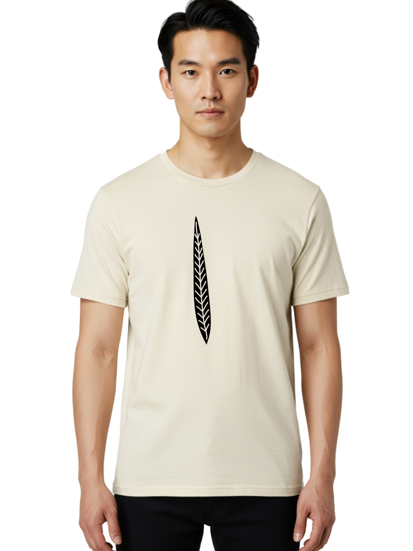 Leaf-Design Men'S Graphic Tee, 100% Cotton, Comfortable Casual Summer Wear, Machine Washable, Black Feather Silhouette, Symmetrical Design, Minimalist Art, Simple Shapes, Graphic Design Element, Vector Icon, Sharp Pointed Ends Aac218