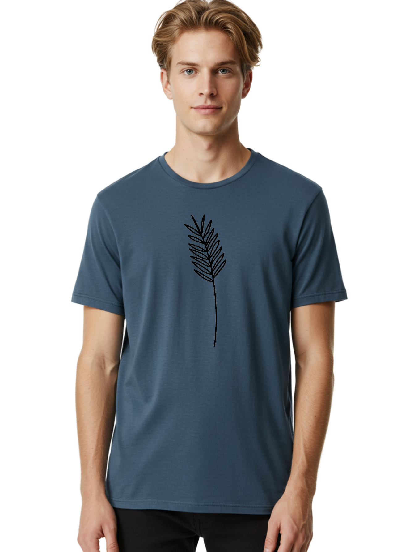 Leaf Men'S Graphic Tee, 100% Cotton, Comfortable Casual Summer Wear, Machine Washable, Palm Frond, Simple Illustration, Minimalist Design, Vector Graphic, Black Outline, Foliage, Tropical Leaf, Botanical Art, Leafy Branch, Modern Iconography Aac220