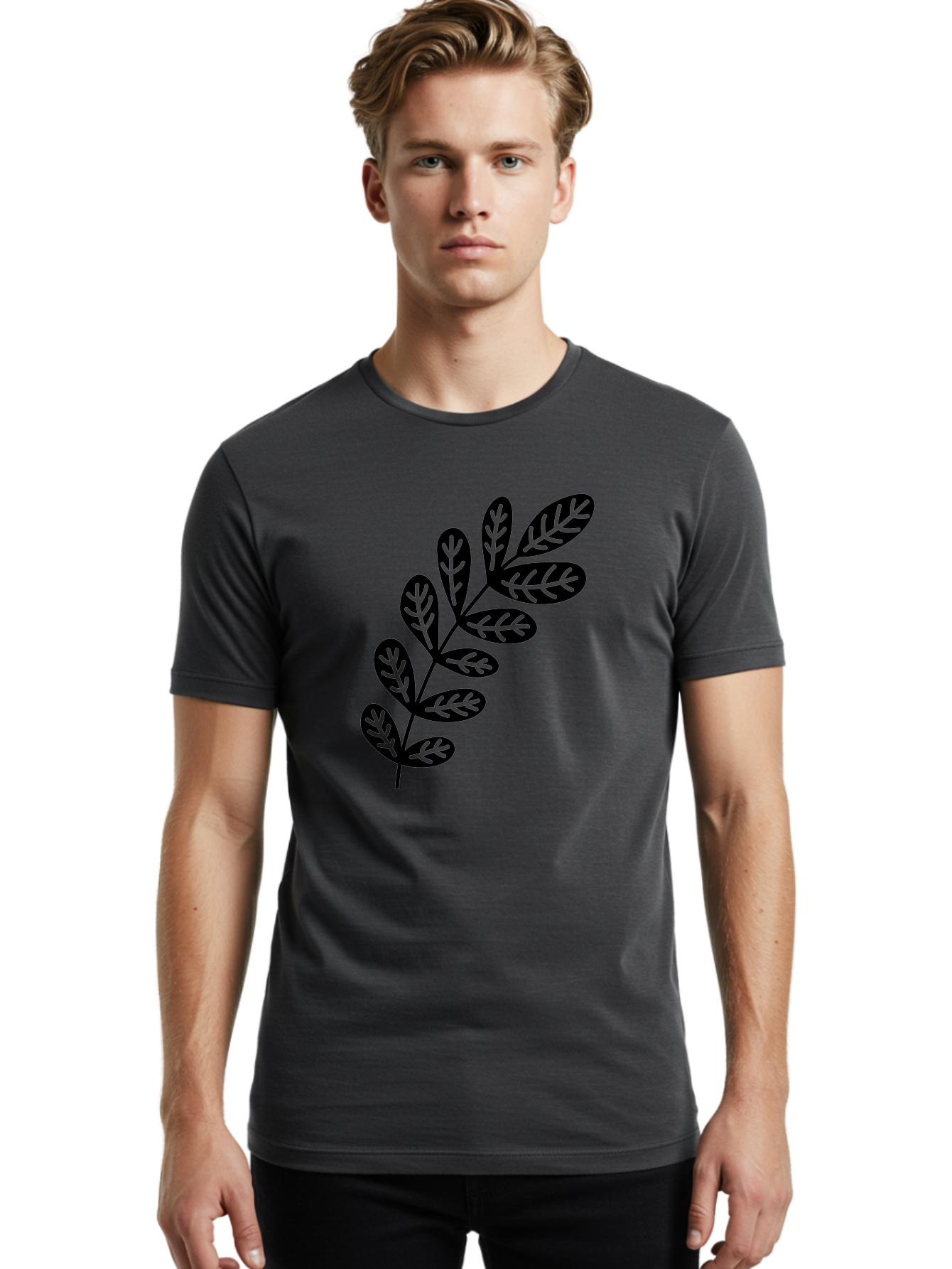 Leafy-Branch-1 Men'S Graphic Tee, 100% Cotton, Comfortable Casual Summer Wear, Machine Washable, Stylized Branch, Leaf Pattern, Modern Design, Abstract Art, Foliage Illustration, Minimalist Decor, Black Silhouettes, Leafy Theme Aac221
