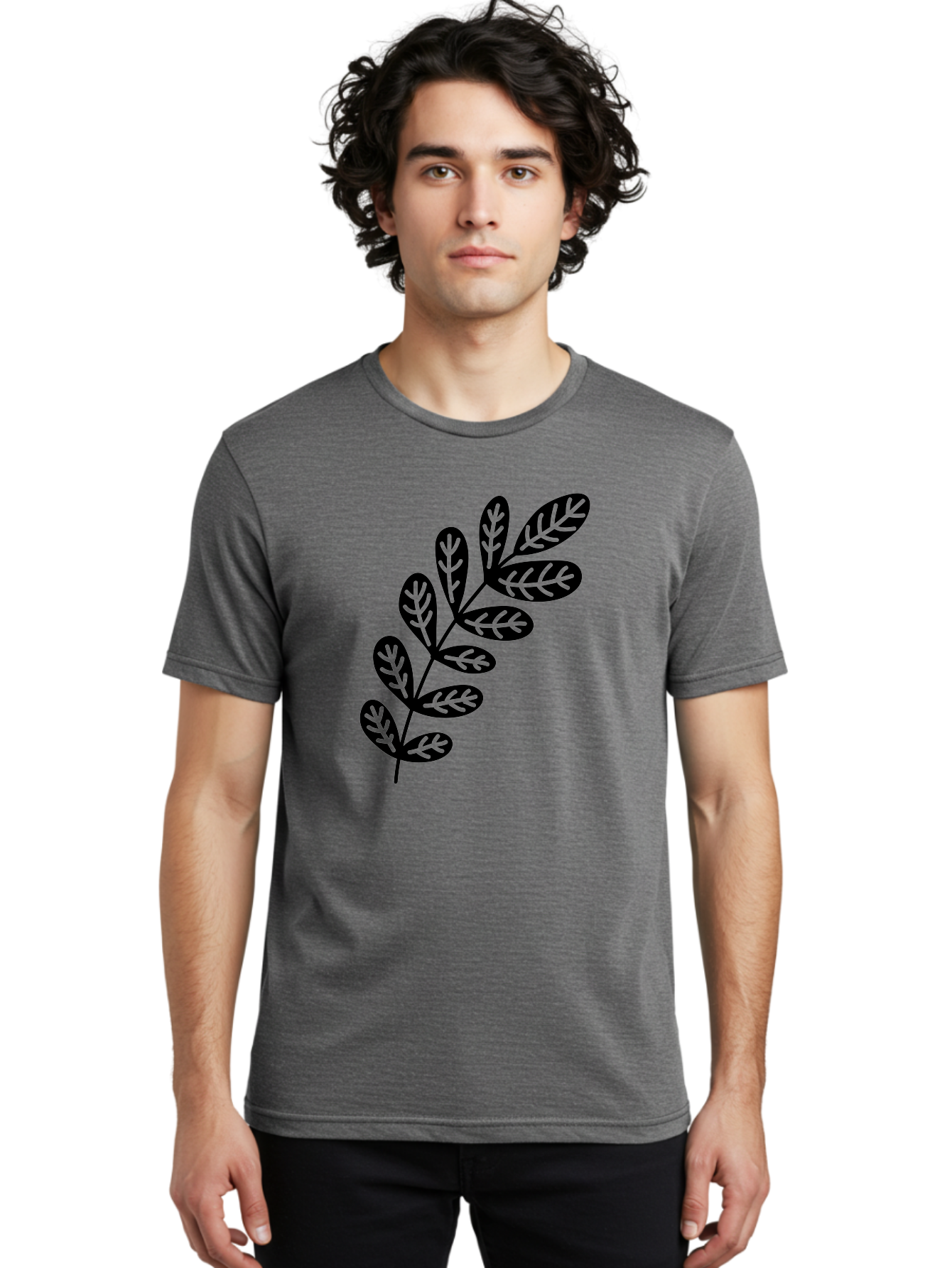 Leafy-Branch-1 Men'S Graphic Tee, 100% Cotton, Comfortable Casual Summer Wear, Machine Washable, Stylized Branch, Leaf Pattern, Modern Design, Abstract Art, Foliage Illustration, Minimalist Decor, Black Silhouettes, Leafy Theme Aac221