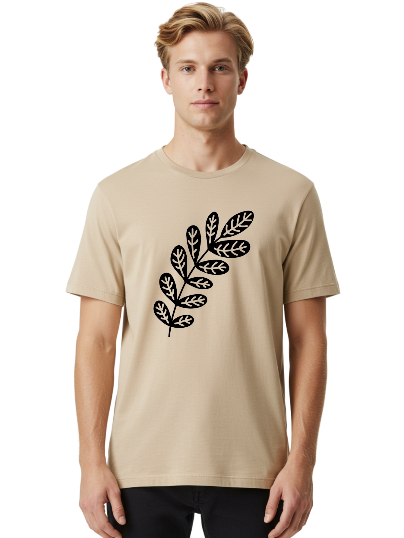 Leafy-Branch-1 Men'S Graphic Tee, 100% Cotton, Comfortable Casual Summer Wear, Machine Washable, Stylized Branch, Leaf Pattern, Modern Design, Abstract Art, Foliage Illustration, Minimalist Decor, Black Silhouettes, Leafy Theme Aac221