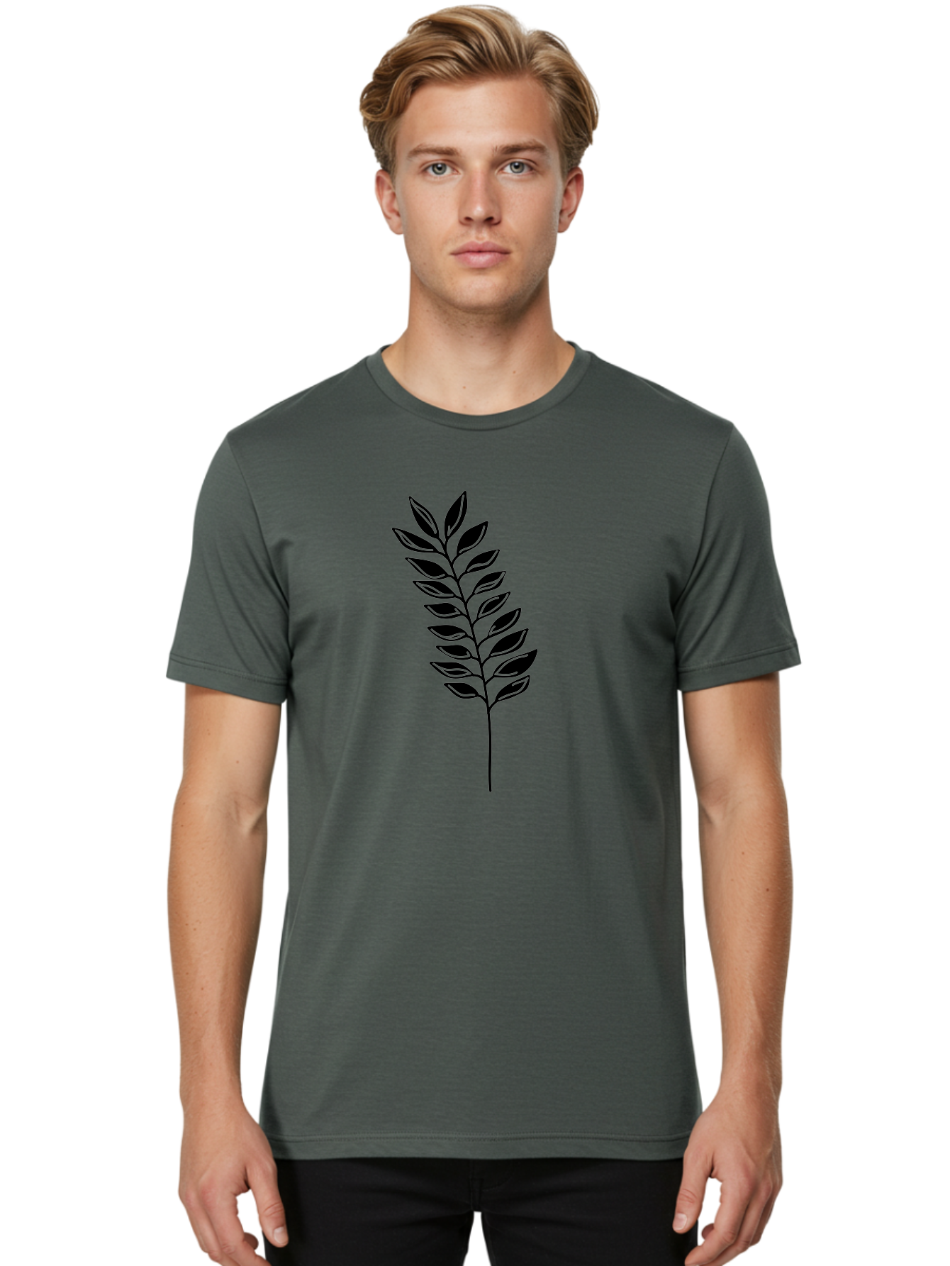 Leafy-Branch Men'S Graphic Tee, 100% Cotton, Comfortable Casual Summer Wear, Machine Washable, Simple Branch, Black Leaves, Leafy Stem, Minimalist Design, Nature-Inspired Art, Botanical Illustration, Eco-Friendly Theme Aac222