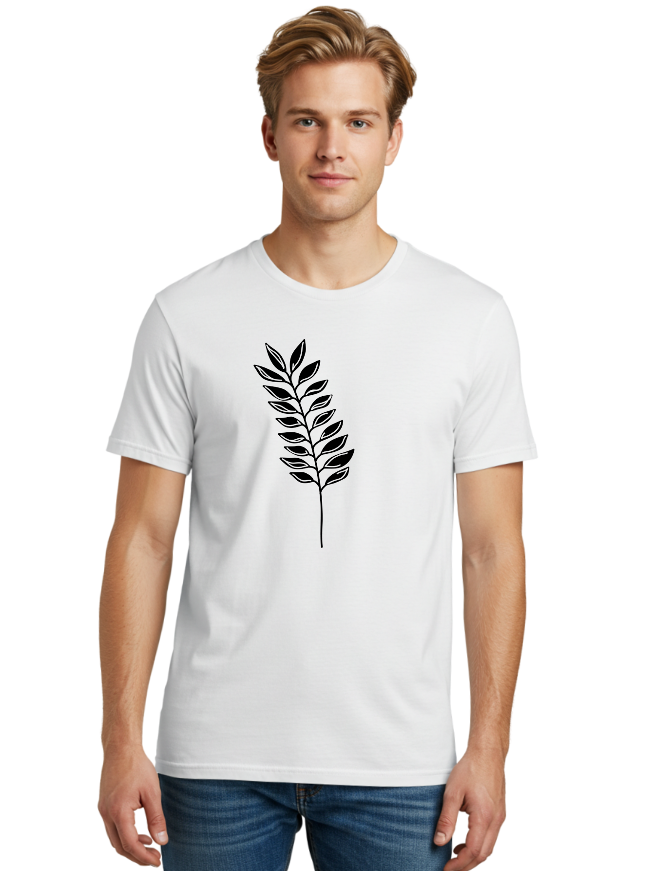 Leafy-Branch Men'S Graphic Tee, 100% Cotton, Comfortable Casual Summer Wear, Machine Washable, Simple Branch, Black Leaves, Leafy Stem, Minimalist Design, Nature-Inspired Art, Botanical Illustration, Eco-Friendly Theme Aac222