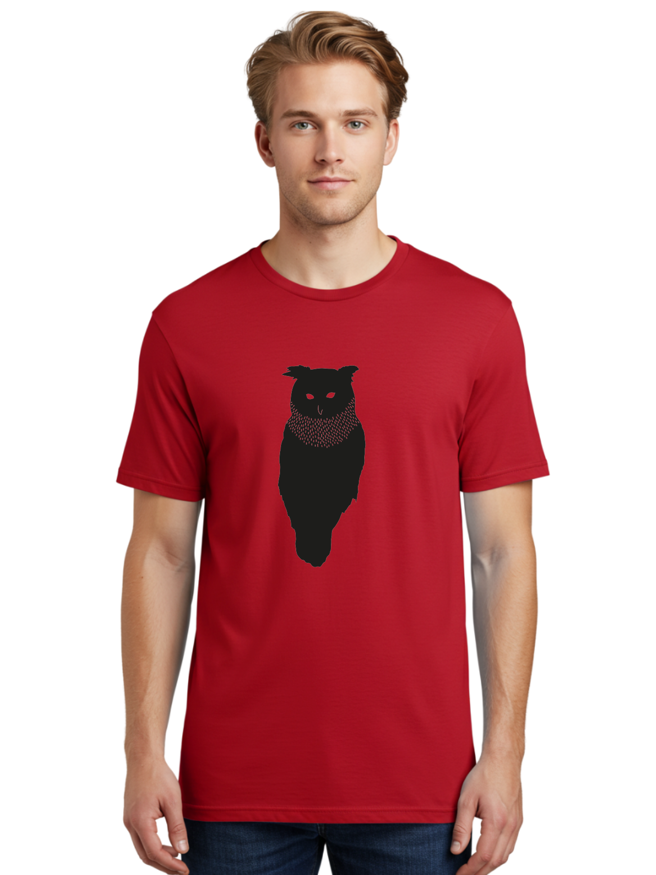 Owl-Silhouette Men'S Graphic Tee, 100% Cotton, Comfortable Casual Summer Wear, Machine Washable, Owl Silhouette, Black Owl, Glowing Eyes, Textured Feathers, Mysterious Animal, Nocturnal Bird, Wildlife Illustration, Symbolic Creature, Dark Art Aac224