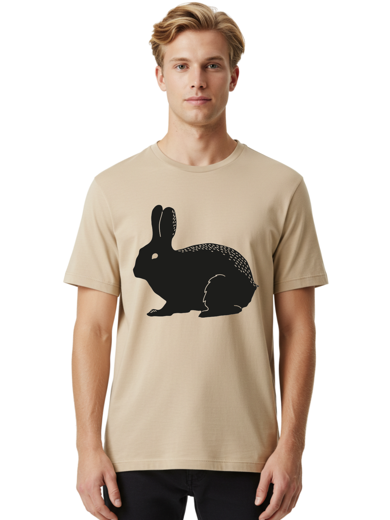 Rabbit-Silhouette Men'S Graphic Tee, 100% Cotton, Comfortable Casual Summer Wear, Machine Washable, Black Rabbit Silhouette, Rabbit Illustration, Cute Bunny, Animal Silhouette, Wildlife Art, Nature Design, Simple Graphics Aac230