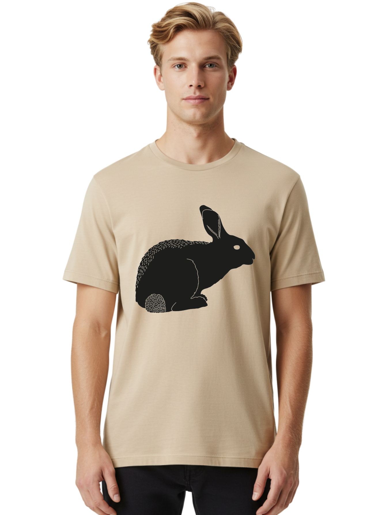Rabbit Men'S Graphic Tee, 100% Cotton, Comfortable Casual Summer Wear, Machine Washable, Rabbit Silhouette, Simple Illustration, Black Rabbit, Cute Bunny, Side Profile, Cartoon Style, Minimal Design, Easter Symbol, Rabbit Graphics Aac231