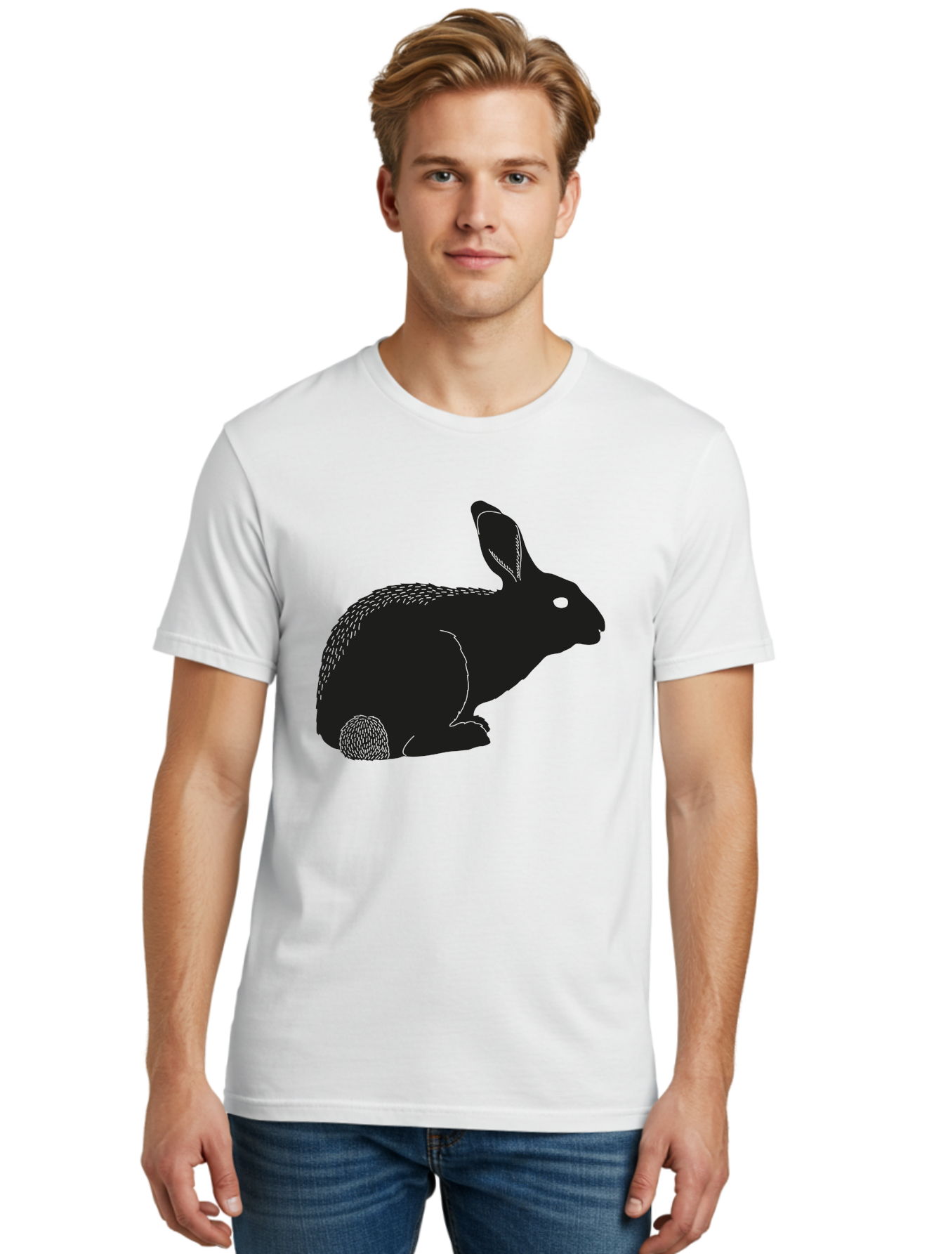 Rabbit Men'S Graphic Tee, 100% Cotton, Comfortable Casual Summer Wear, Machine Washable, Rabbit Silhouette, Simple Illustration, Black Rabbit, Cute Bunny, Side Profile, Cartoon Style, Minimal Design, Easter Symbol, Rabbit Graphics Aac231