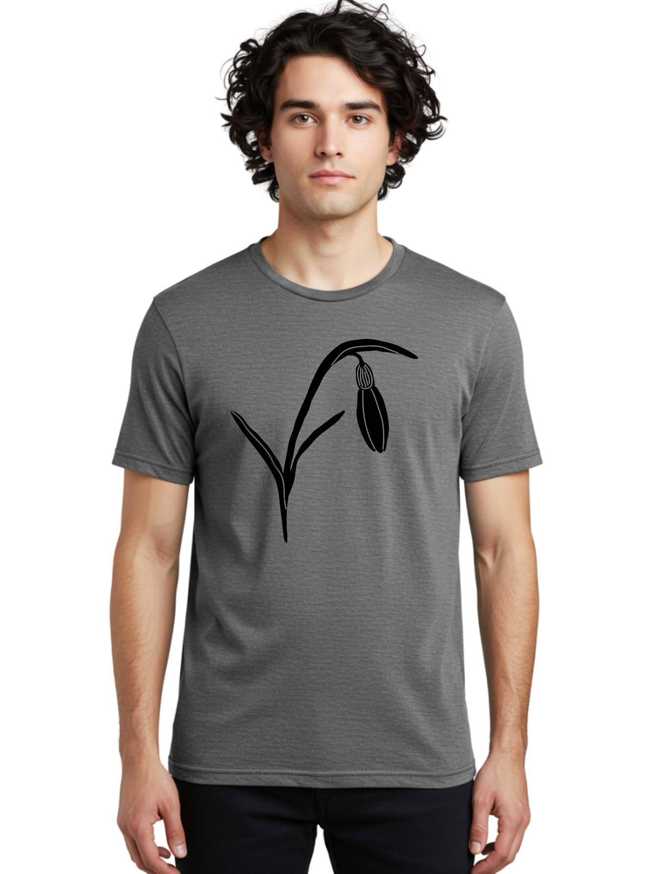 Snowdrop Men'S Graphic Tee, 100% Cotton, Comfortable Casual Summer Wear, Machine Washable, Snowdrop Flower, Minimalist Design, Simple Graphics, Black Silhouette, Floral Illustration, Spring Flowers, Botanical Art, Elegant Lines Aac238
