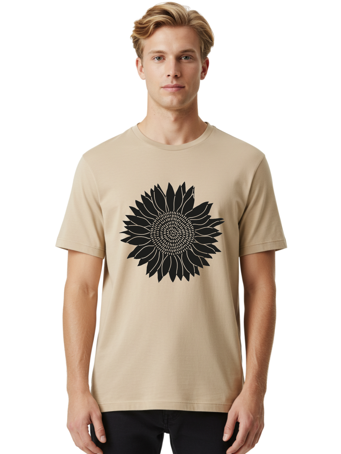 Sunflower-Silhouette Men'S Graphic Tee, 100% Cotton, Comfortable Casual Summer Wear, Machine Washable, Sunflower Graphic, Floral Design, Black And Green, Flower Silhouette, Neon Outline, Nature Inspired Art, Botanical Illustration Aac241