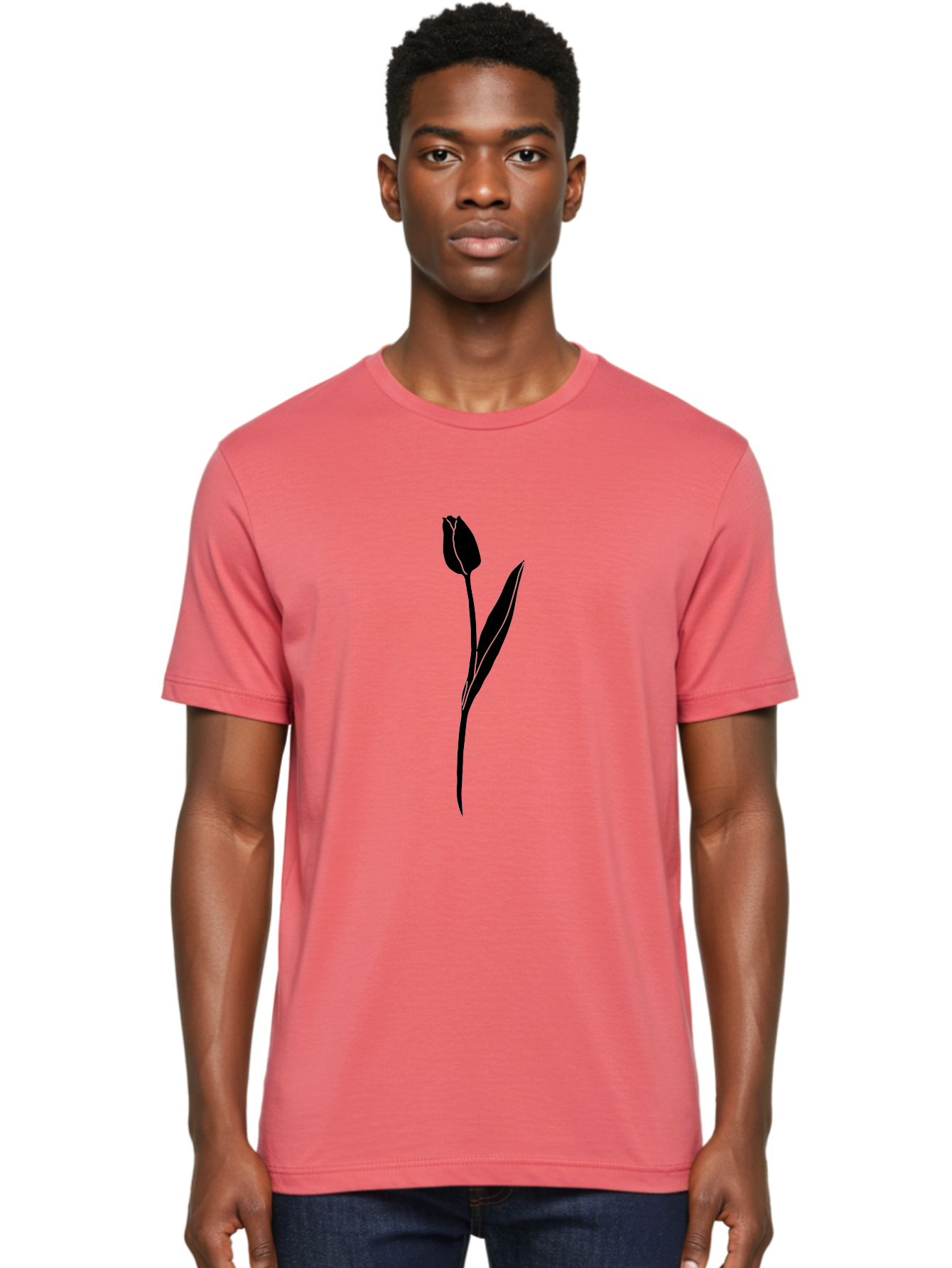 Tulip-Silhouette Men'S Graphic Tee, 100% Cotton, Comfortable Casual Summer Wear, Machine Washable, Tulip Silhouette, Dark Tulip, Minimalist Design, Simple Flower, Closed Bloom, Elegant Stem, Floral Graphic, Modern Art Aac245