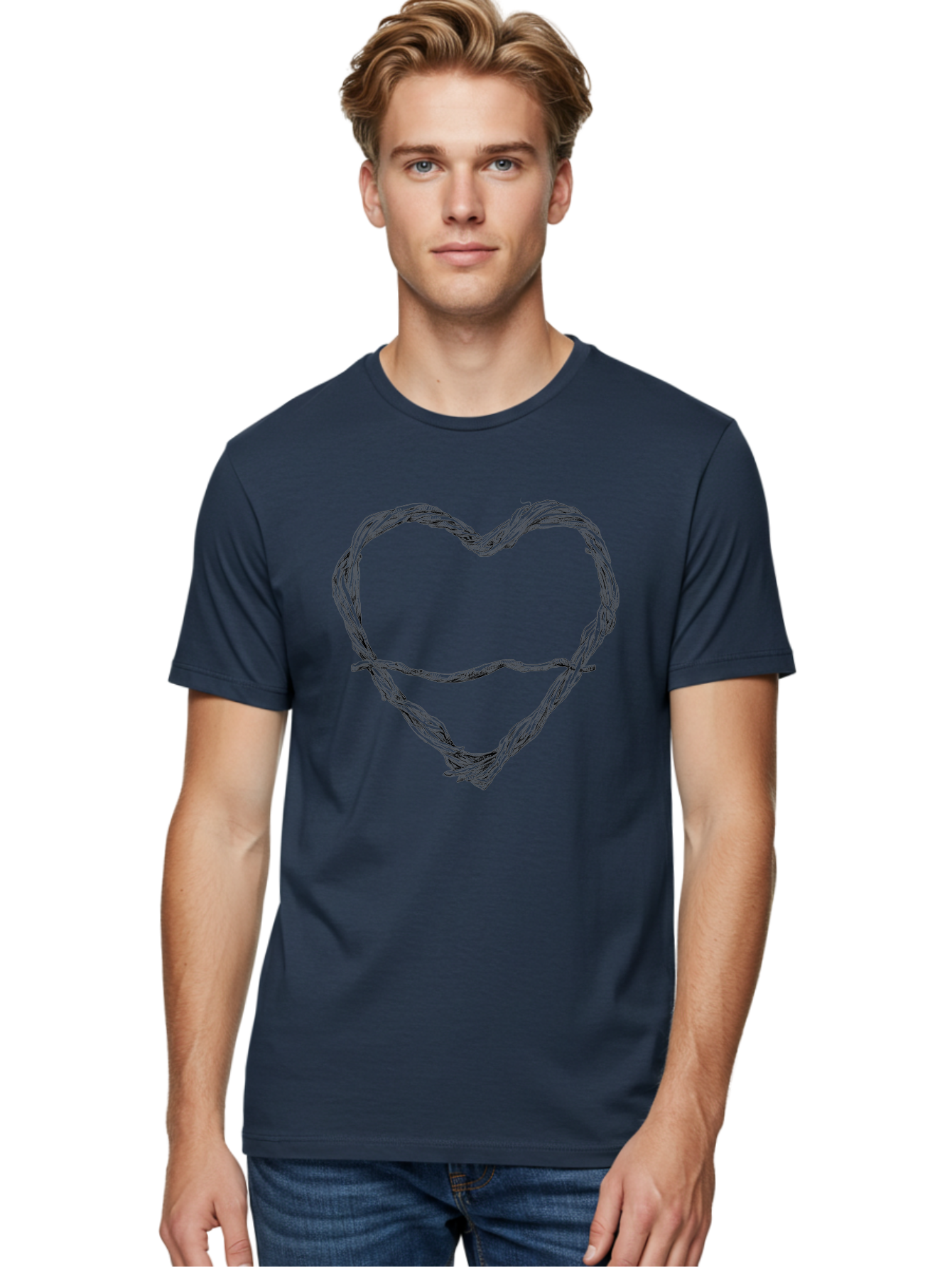 Barbed-Wire-Heart Men'S Graphic Tee, 100% Cotton, Comfortable Casual Summer Wear, Machine Washable, Barbed Wire, Heart Shape, Twisted Metal, Symbolic Representation, Emotional Expression, Protest Art, Social Commentary, Edgy Design, Aac251
