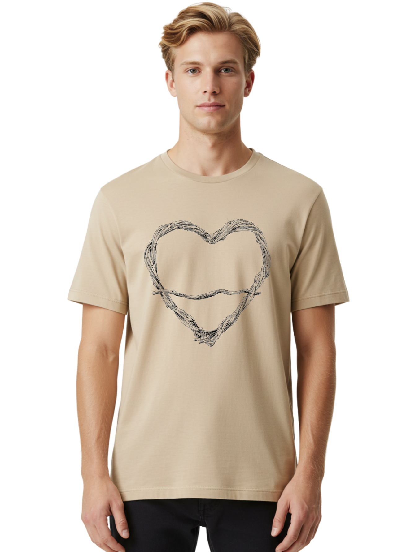 Barbed-Wire-Heart Men'S Graphic Tee, 100% Cotton, Comfortable Casual Summer Wear, Machine Washable, Barbed Wire, Heart Shape, Twisted Metal, Symbolic Representation, Emotional Expression, Protest Art, Social Commentary, Edgy Design, Aac251