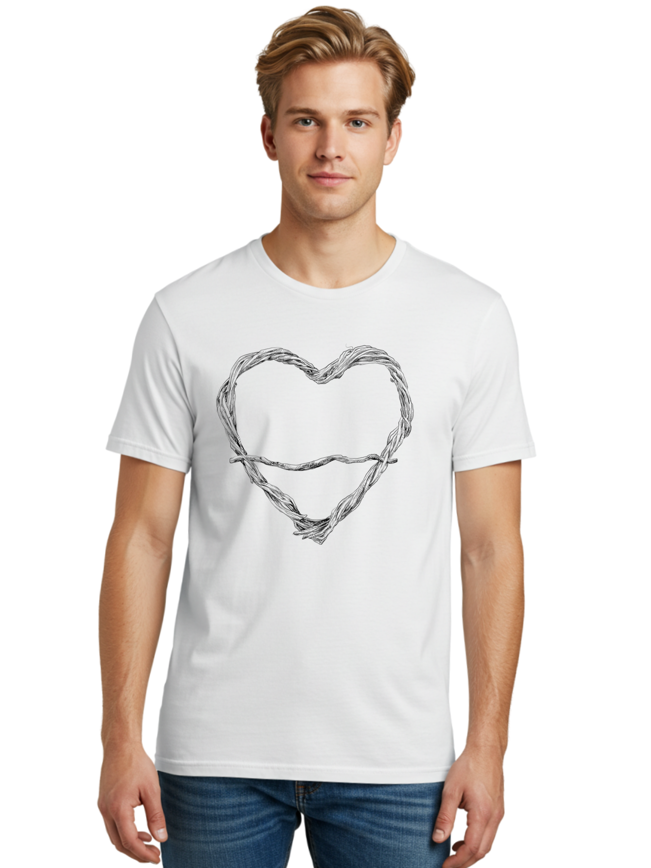 Barbed-Wire-Heart Men'S Graphic Tee, 100% Cotton, Comfortable Casual Summer Wear, Machine Washable, Barbed Wire, Heart Shape, Twisted Metal, Symbolic Representation, Emotional Expression, Protest Art, Social Commentary, Edgy Design, Aac251
