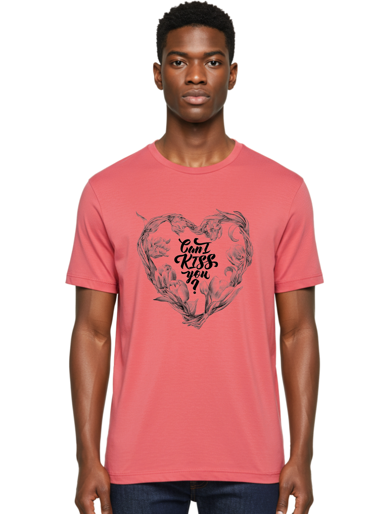 Cant-Kiss-You Men'S Graphic Tee, 100% Cotton, Comfortable Casual Summer Wear, Machine Washable, Romantic Illustration, Floral Heart, Love Quote, Elegant Typography, Flowers, Heart Shape, Valentines Day Aac254