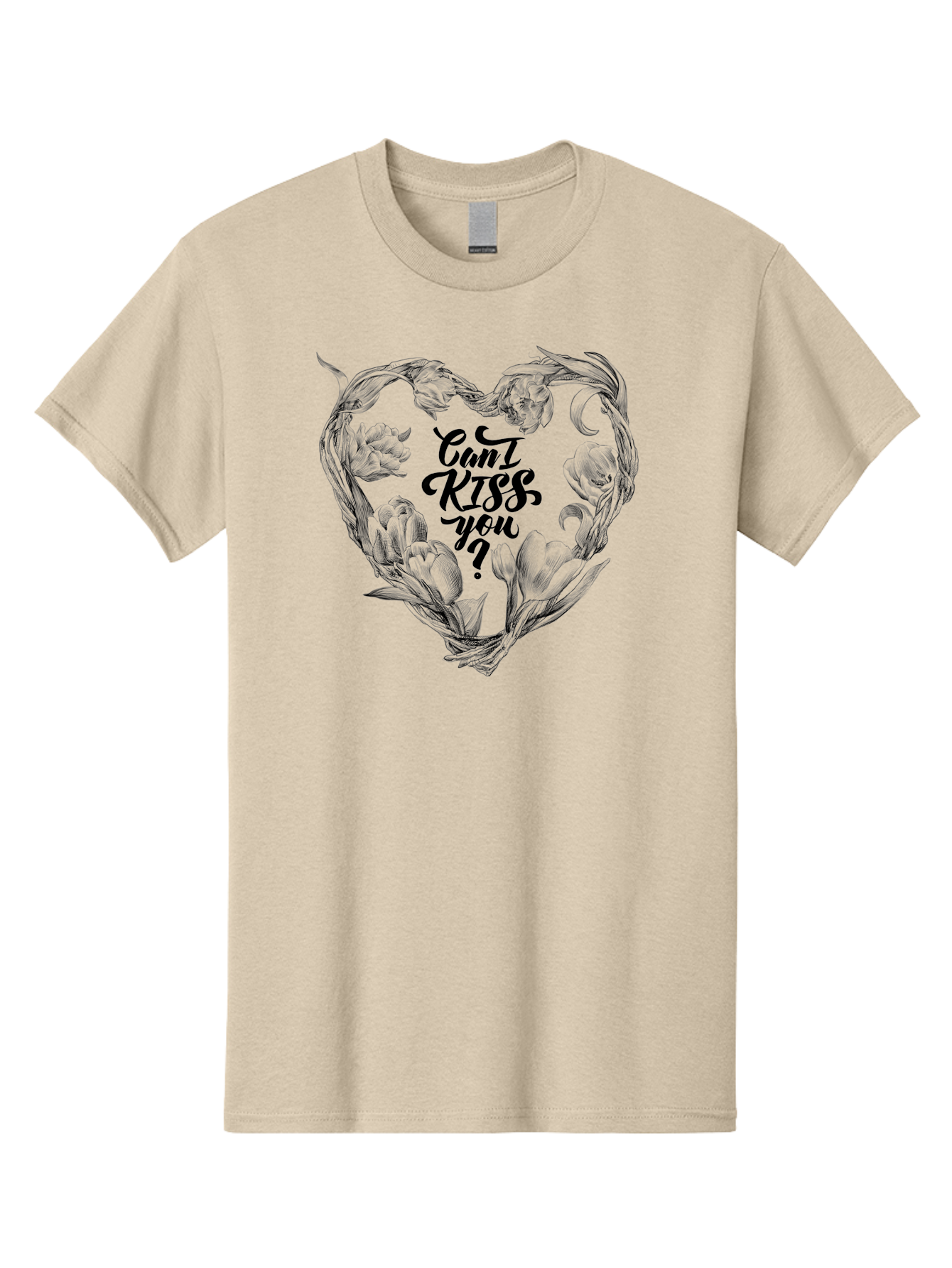 Cant-Kiss-You Men'S Graphic Tee, 100% Cotton, Comfortable Casual Summer Wear, Machine Washable, Romantic Illustration, Floral Heart, Love Quote, Elegant Typography, Flowers, Heart Shape, Valentines Day Aac254