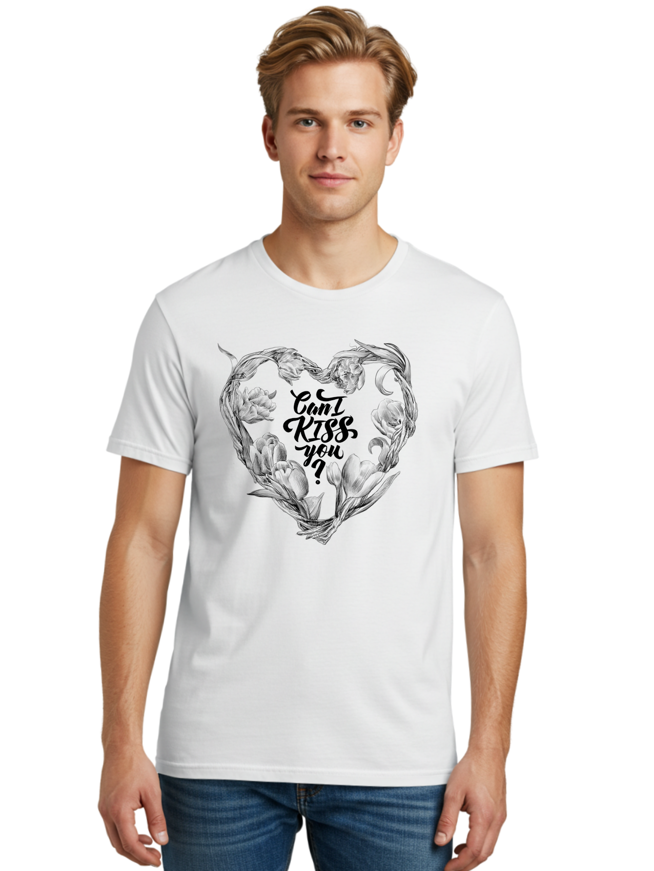 Cant-Kiss-You Men'S Graphic Tee, 100% Cotton, Comfortable Casual Summer Wear, Machine Washable, Romantic Illustration, Floral Heart, Love Quote, Elegant Typography, Flowers, Heart Shape, Valentines Day Aac254
