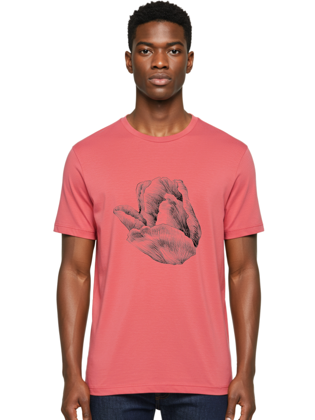 Hand-Gesture Men'S Graphic Tee, 100% Cotton, Comfortable Casual Summer Wear, Machine Washable, Hand Holding Flower, Floral Design, Botanical Art, Illustration, Sketch, Black Lines, Leafy Greens, Delicate Petals, Artistic Expression, Aac257