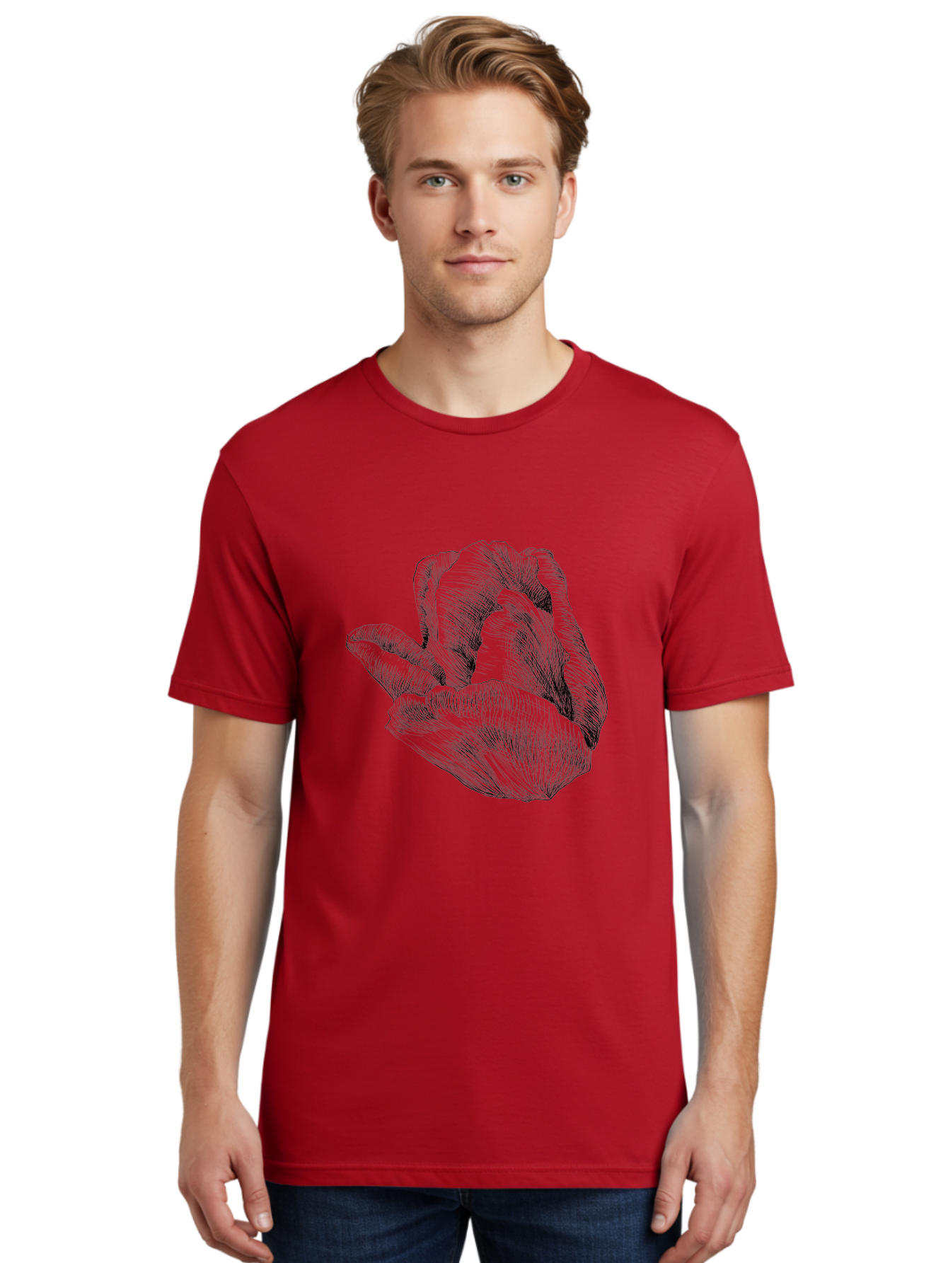 Hand-Gesture Men'S Graphic Tee, 100% Cotton, Comfortable Casual Summer Wear, Machine Washable, Hand Holding Flower, Floral Design, Botanical Art, Illustration, Sketch, Black Lines, Leafy Greens, Delicate Petals, Artistic Expression, Aac257