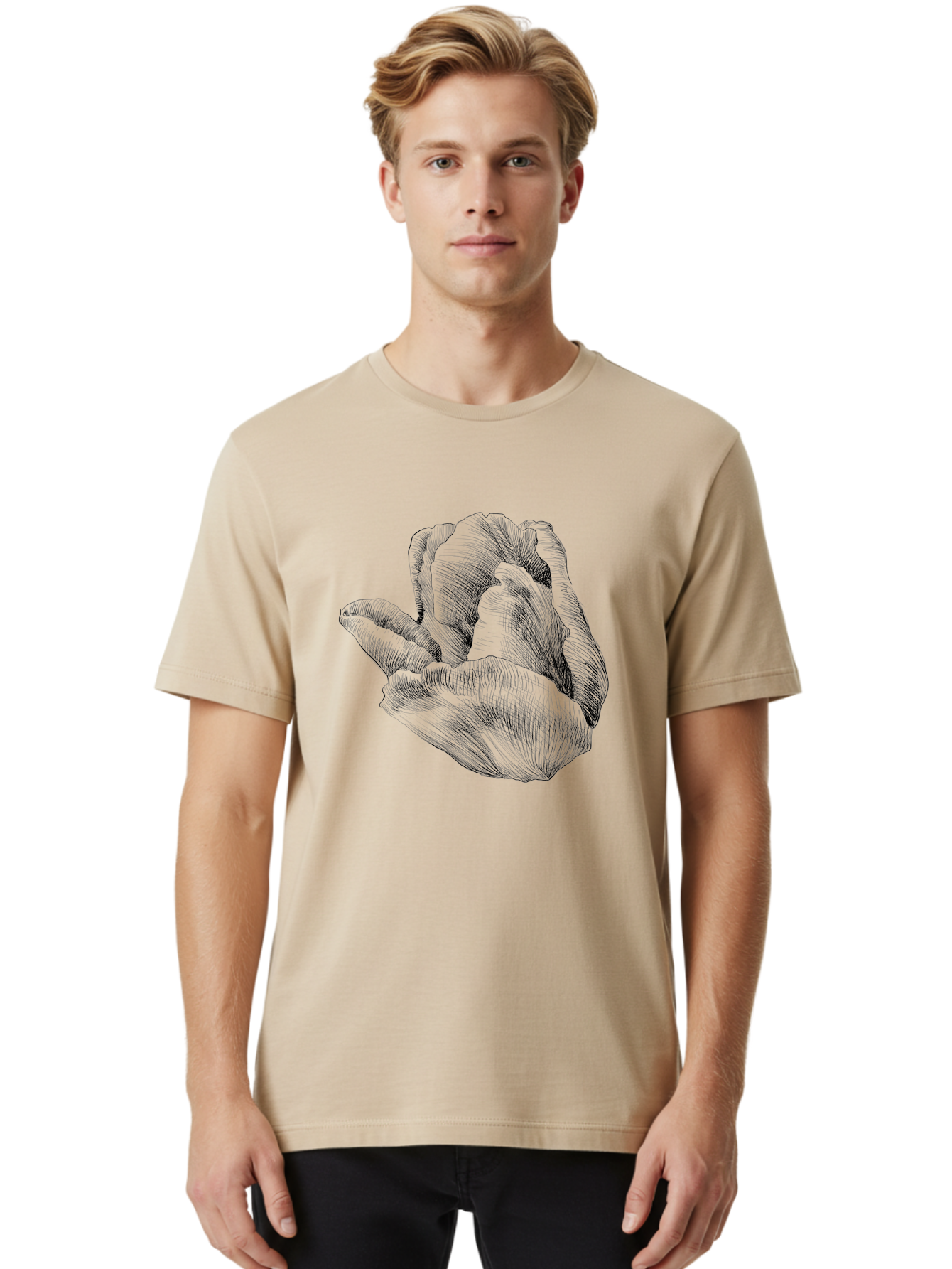 Hand-Gesture Men'S Graphic Tee, 100% Cotton, Comfortable Casual Summer Wear, Machine Washable, Hand Holding Flower, Floral Design, Botanical Art, Illustration, Sketch, Black Lines, Leafy Greens, Delicate Petals, Artistic Expression, Aac257