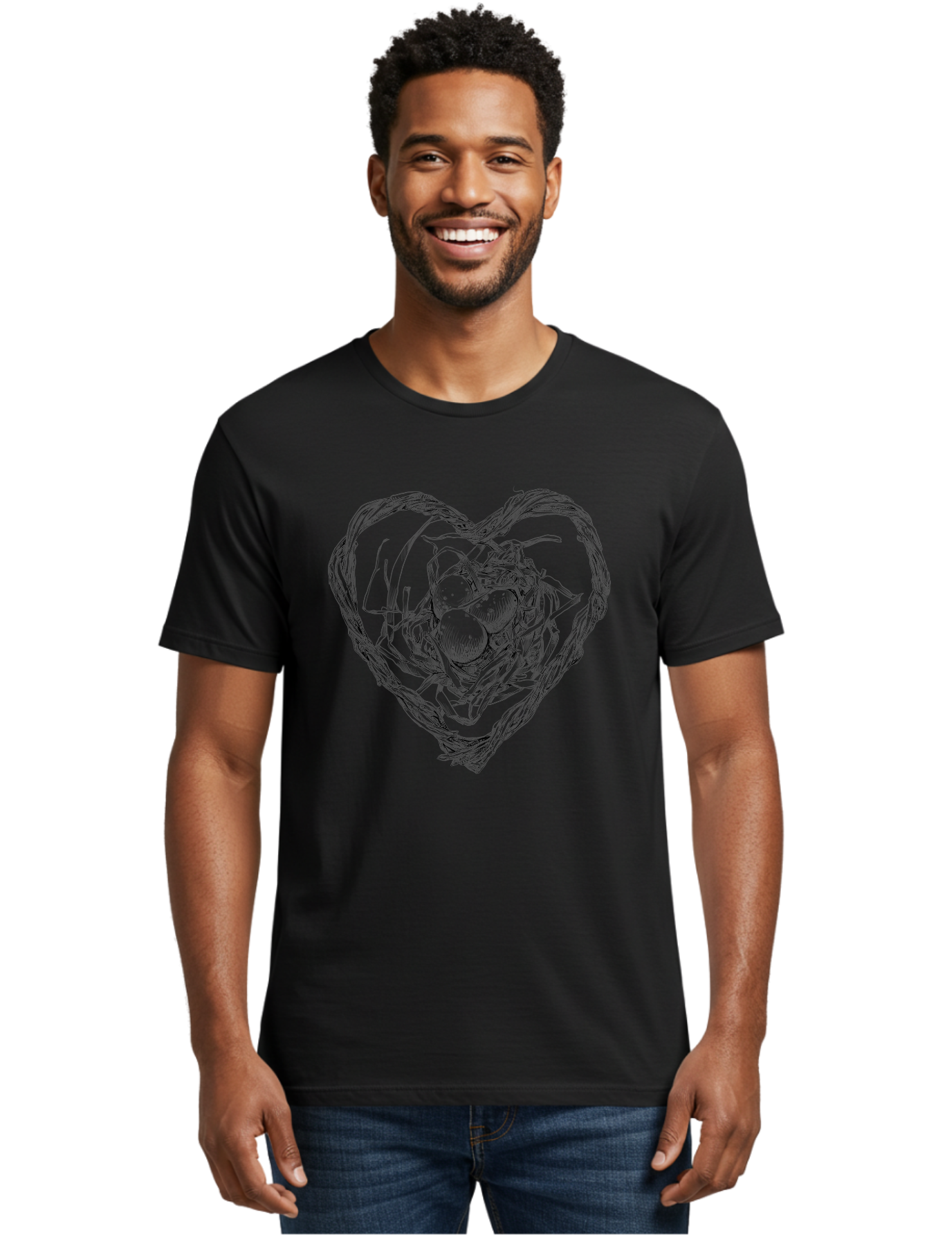 Heart-Shaped-Nest-With-Eggs Men'S Graphic Tee, 100% Cotton, Comfortable Casual Summer Wear, Machine Washable, Heart Shaped Bird Nest, Three Eggs, Twigs And Leaves, Love Symbol, Nature Illustration, Bird'S Nest, Easter Eggs, Spring Theme, Aac259