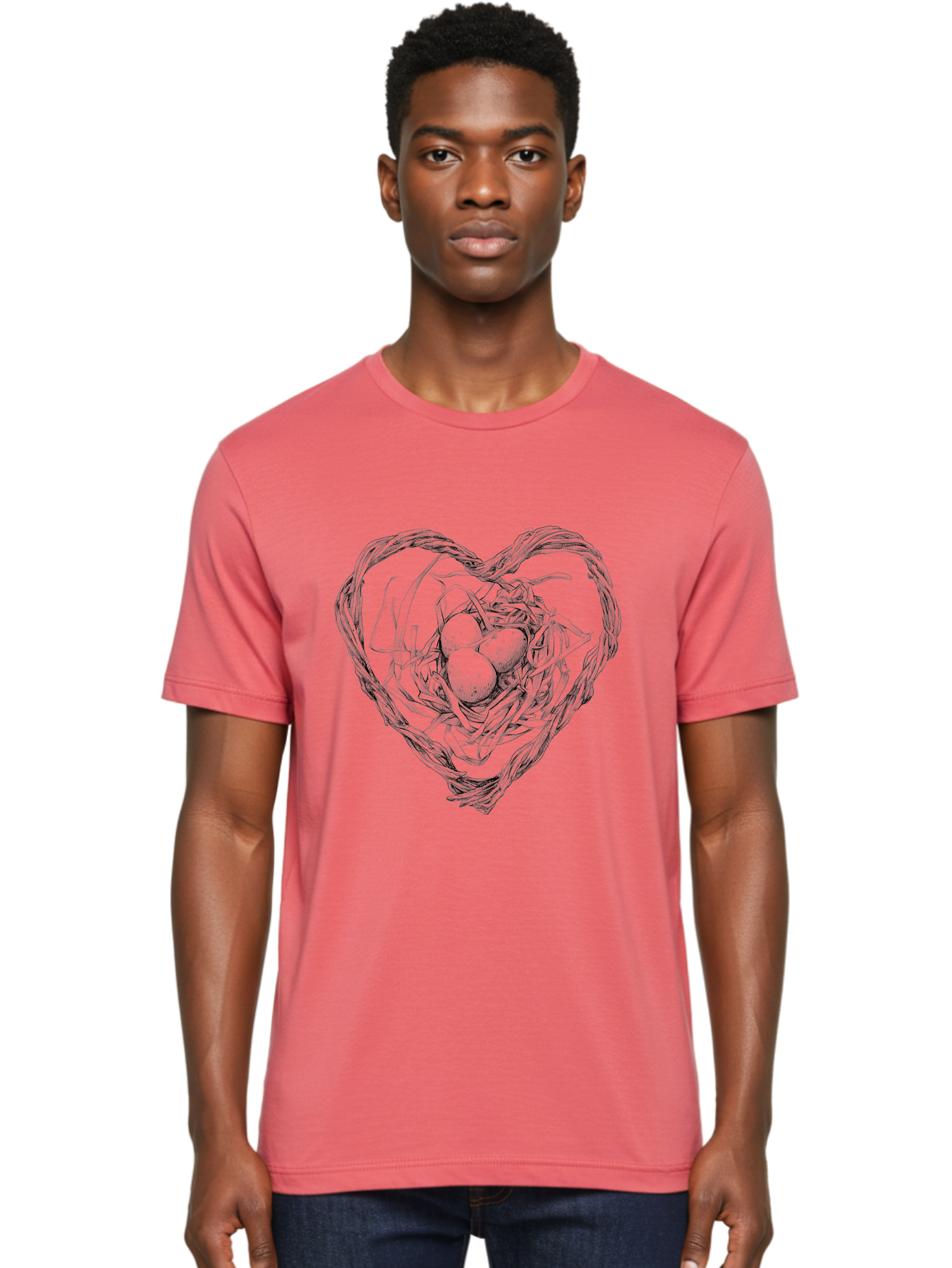 Heart-Shaped-Nest-With-Eggs Men'S Graphic Tee, 100% Cotton, Comfortable Casual Summer Wear, Machine Washable, Heart Shaped Bird Nest, Three Eggs, Twigs And Leaves, Love Symbol, Nature Illustration, Bird'S Nest, Easter Eggs, Spring Theme, Aac259