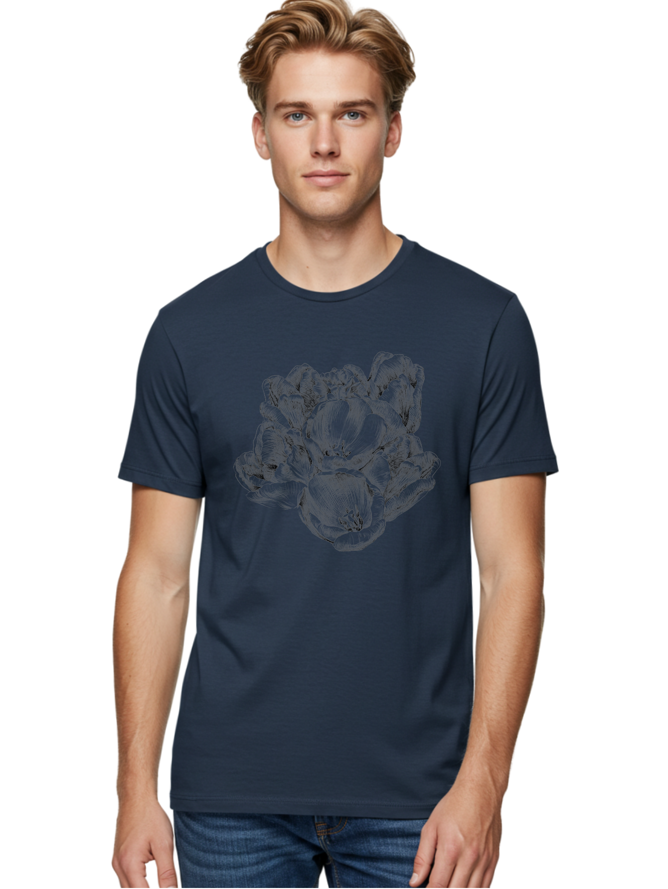 Peony-Flower Men'S Graphic Tee, 100% Cotton, Comfortable Casual Summer Wear, Machine Washable, Detailed Line Drawing, Floral Design, Lush Petals, Botanical Art, Elegant Flowers, Intricate Details, Sketch Style, Flower Illustration Aac261