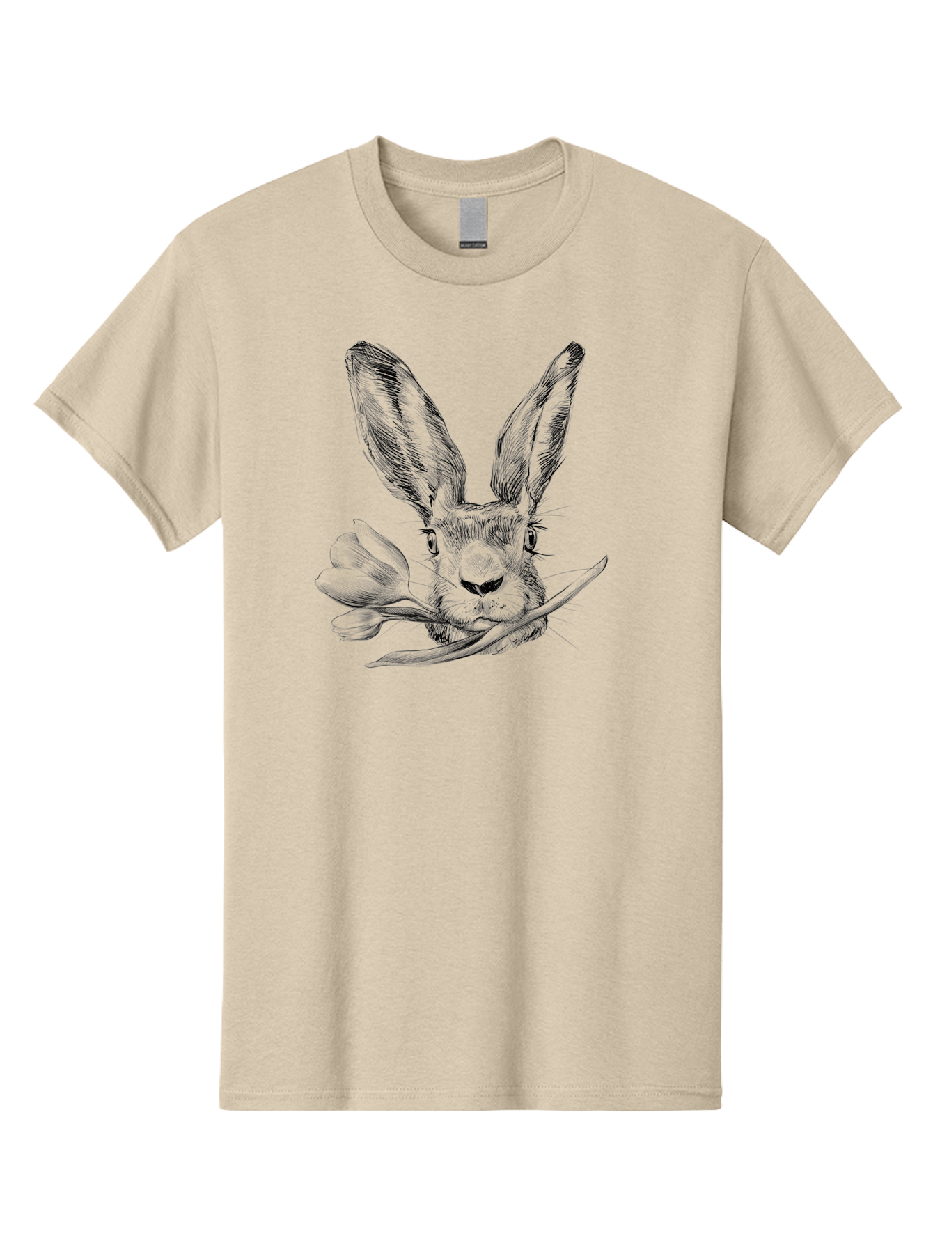 Rabbit-Head-With-Tulip Men'S Graphic Tee, 100% Cotton, Comfortable Casual Summer Wear, Machine Washable, Rabbit Holding Tulip, Pencil Sketch, Realistic Drawing, Detailed Artwork, Floral Theme, Spring Inspiration, Delicate Lines, Aac265