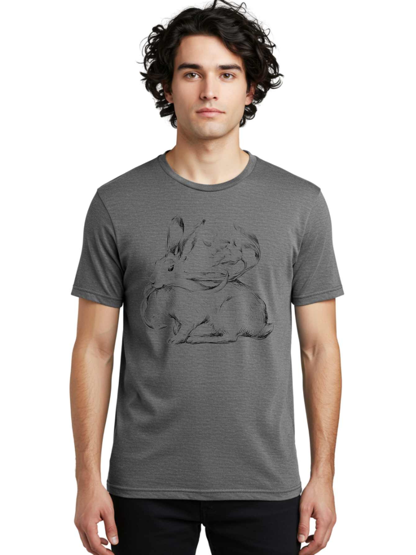 Rabbit-With-Floral-Tail Men'S Graphic Tee, 100% Cotton, Comfortable Casual Summer Wear, Machine Washable, Jackalope, Mythical Creature, Rabbit With Antlers, Fantasy Art, Surreal Illustration, Whimsical Design, Folk Art, Western Mythology, Aac268