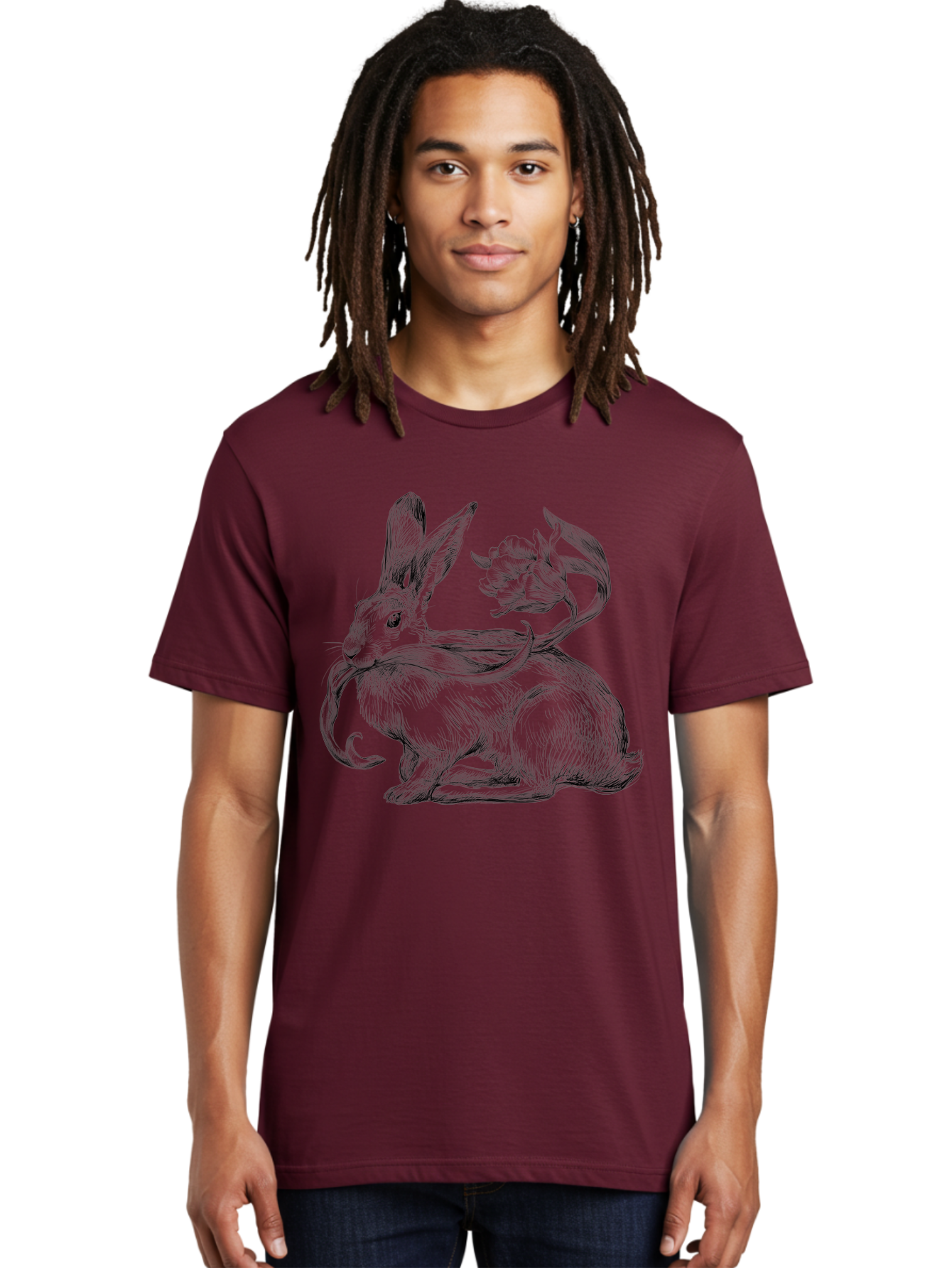 Rabbit-With-Floral-Tail Men'S Graphic Tee, 100% Cotton, Comfortable Casual Summer Wear, Machine Washable, Jackalope, Mythical Creature, Rabbit With Antlers, Fantasy Art, Surreal Illustration, Whimsical Design, Folk Art, Western Mythology, Aac268