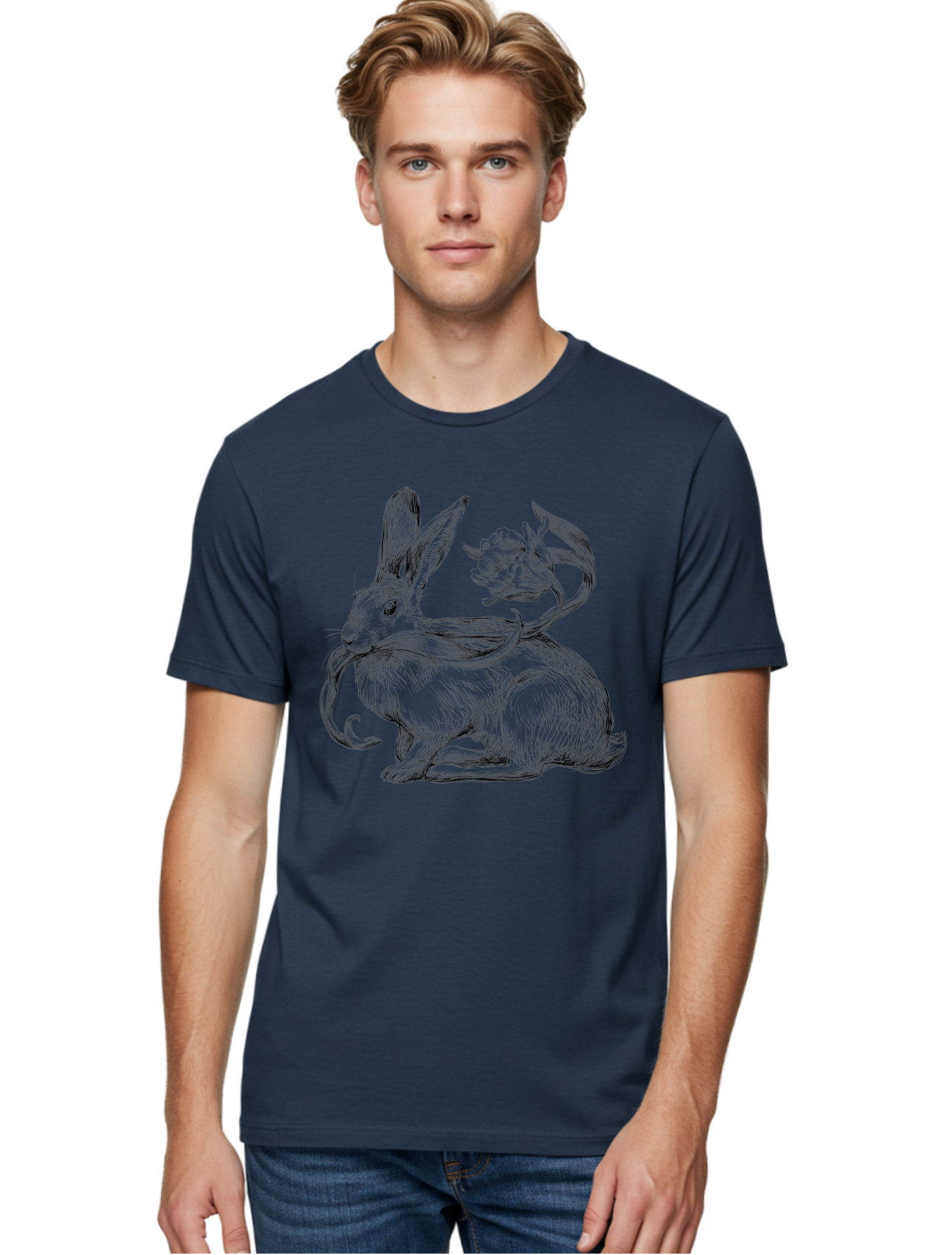 Rabbit-With-Floral-Tail Men'S Graphic Tee, 100% Cotton, Comfortable Casual Summer Wear, Machine Washable, Jackalope, Mythical Creature, Rabbit With Antlers, Fantasy Art, Surreal Illustration, Whimsical Design, Folk Art, Western Mythology, Aac268