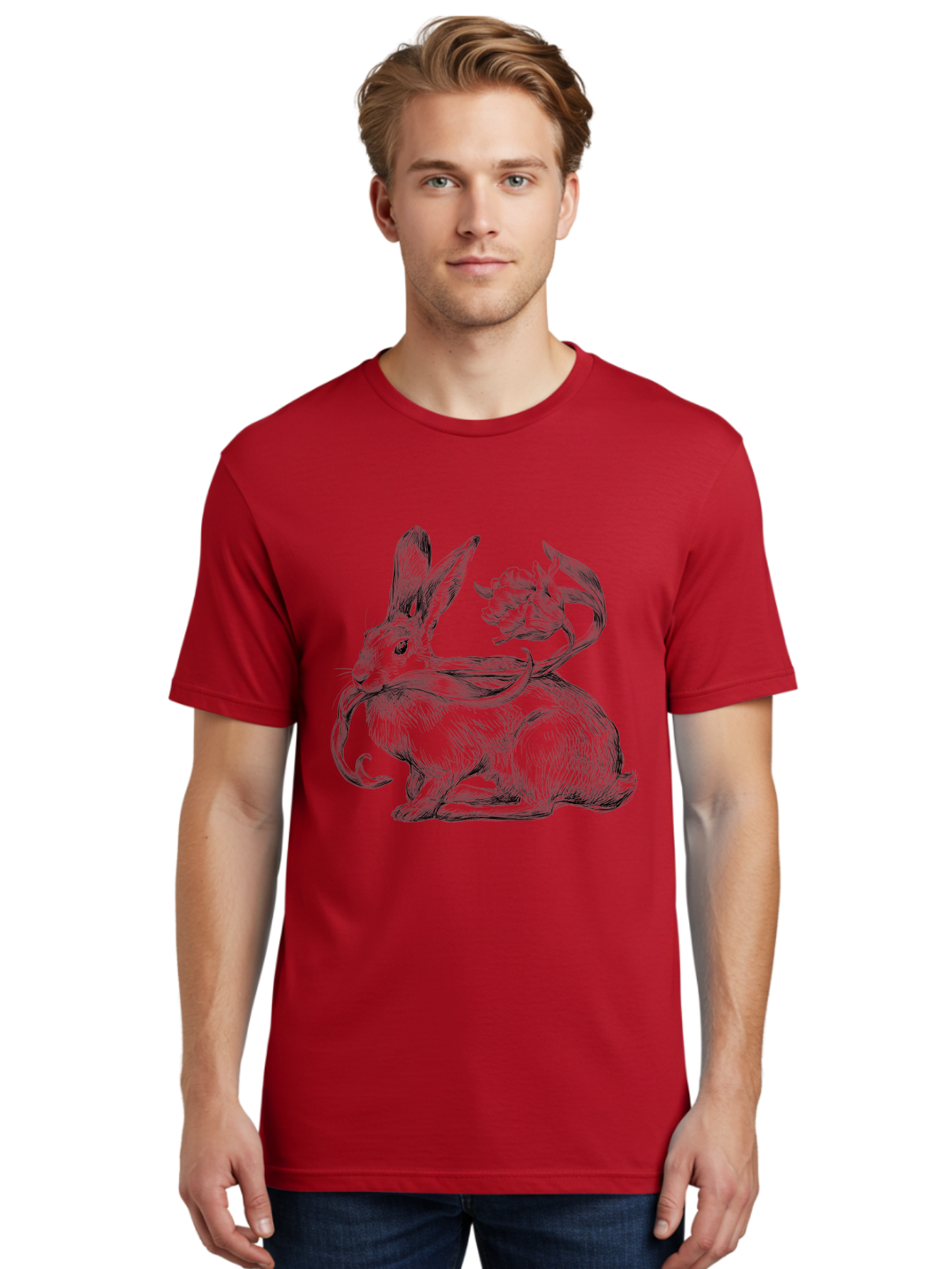 Rabbit-With-Floral-Tail Men'S Graphic Tee, 100% Cotton, Comfortable Casual Summer Wear, Machine Washable, Jackalope, Mythical Creature, Rabbit With Antlers, Fantasy Art, Surreal Illustration, Whimsical Design, Folk Art, Western Mythology, Aac268