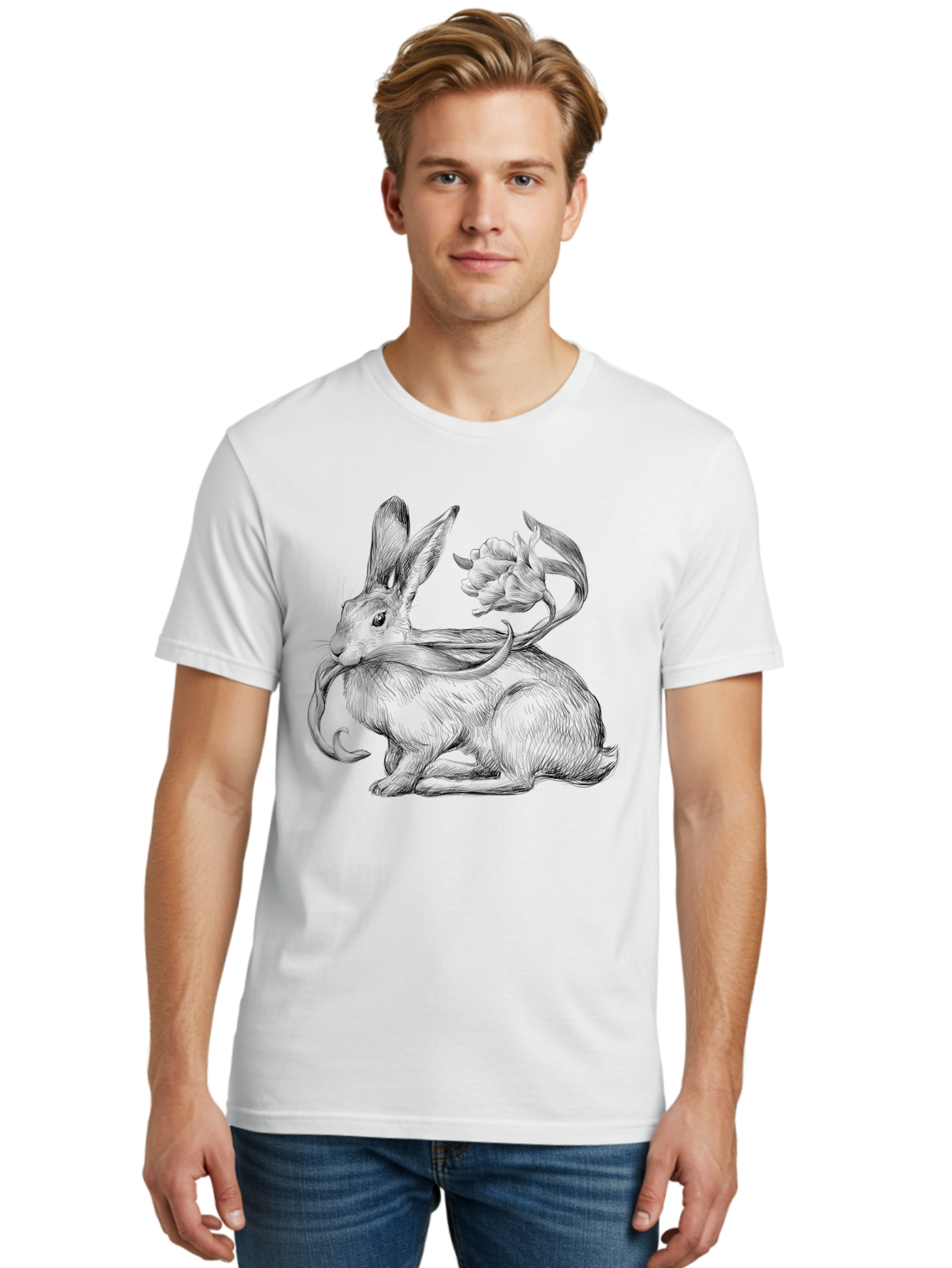 Rabbit-With-Floral-Tail Men'S Graphic Tee, 100% Cotton, Comfortable Casual Summer Wear, Machine Washable, Jackalope, Mythical Creature, Rabbit With Antlers, Fantasy Art, Surreal Illustration, Whimsical Design, Folk Art, Western Mythology, Aac268