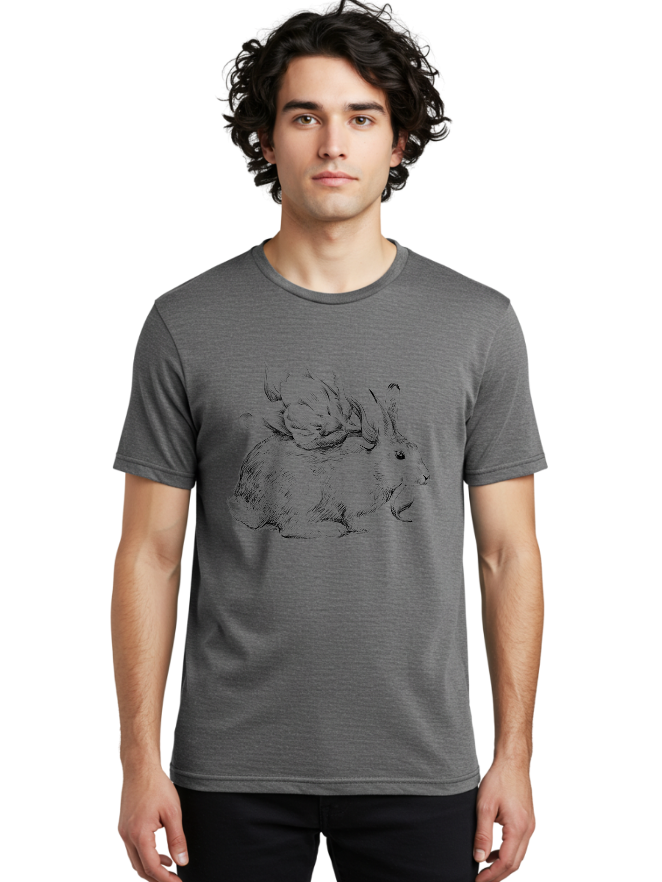 Rabbit-With-Flowers-1 Men'S Graphic Tee, 100% Cotton, Comfortable Casual Summer Wear, Machine Washable, Rabbit With Tulip On Its Back, Floral Design, Intricate Details, Whimsical Illustration, Fantasy Art, Spring Theme, Cute Rabbit, Aac269