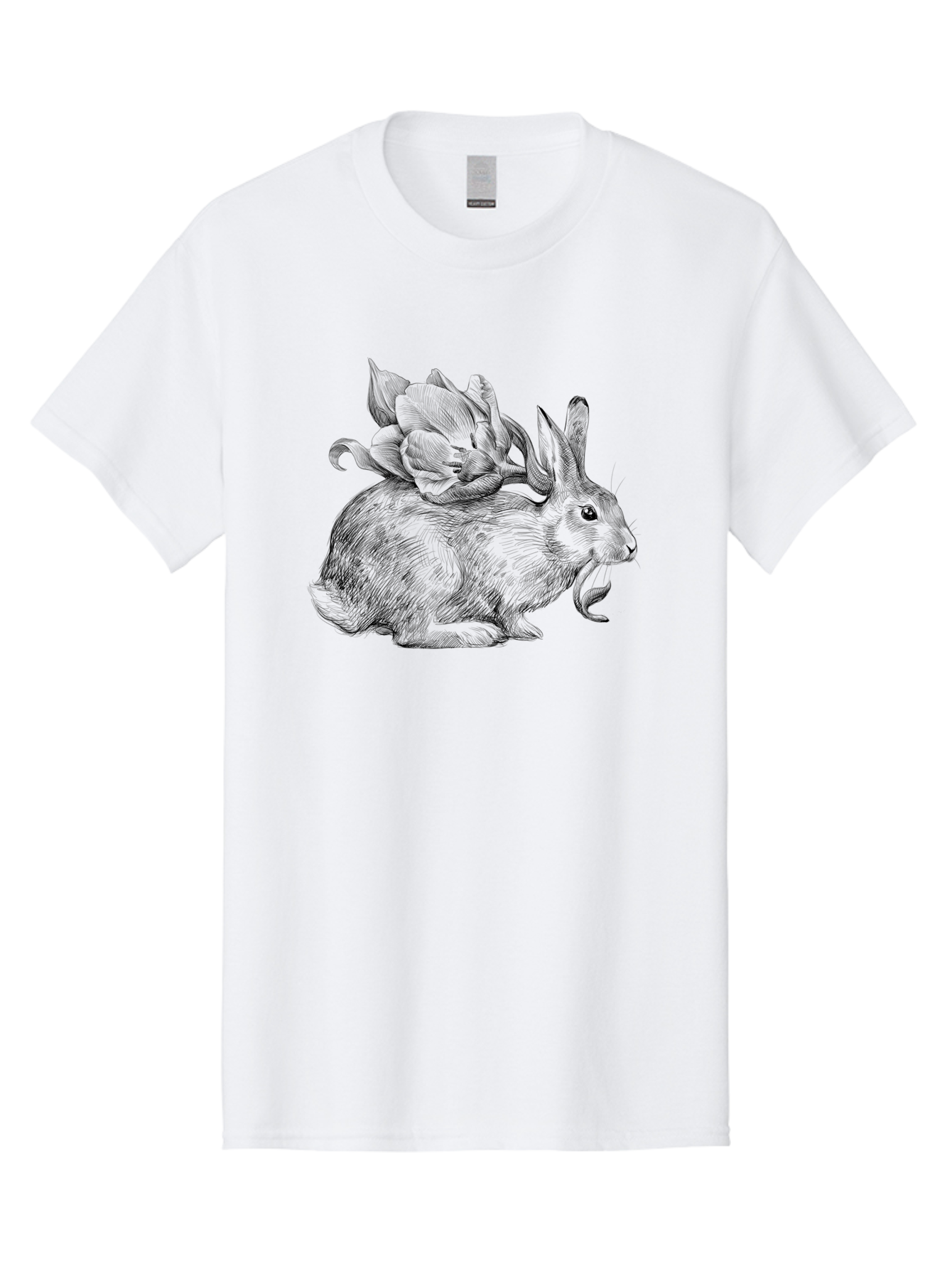 Rabbit-With-Flowers-1 Men'S Graphic Tee, 100% Cotton, Comfortable Casual Summer Wear, Machine Washable, Rabbit With Tulip On Its Back, Floral Design, Intricate Details, Whimsical Illustration, Fantasy Art, Spring Theme, Cute Rabbit, Aac269