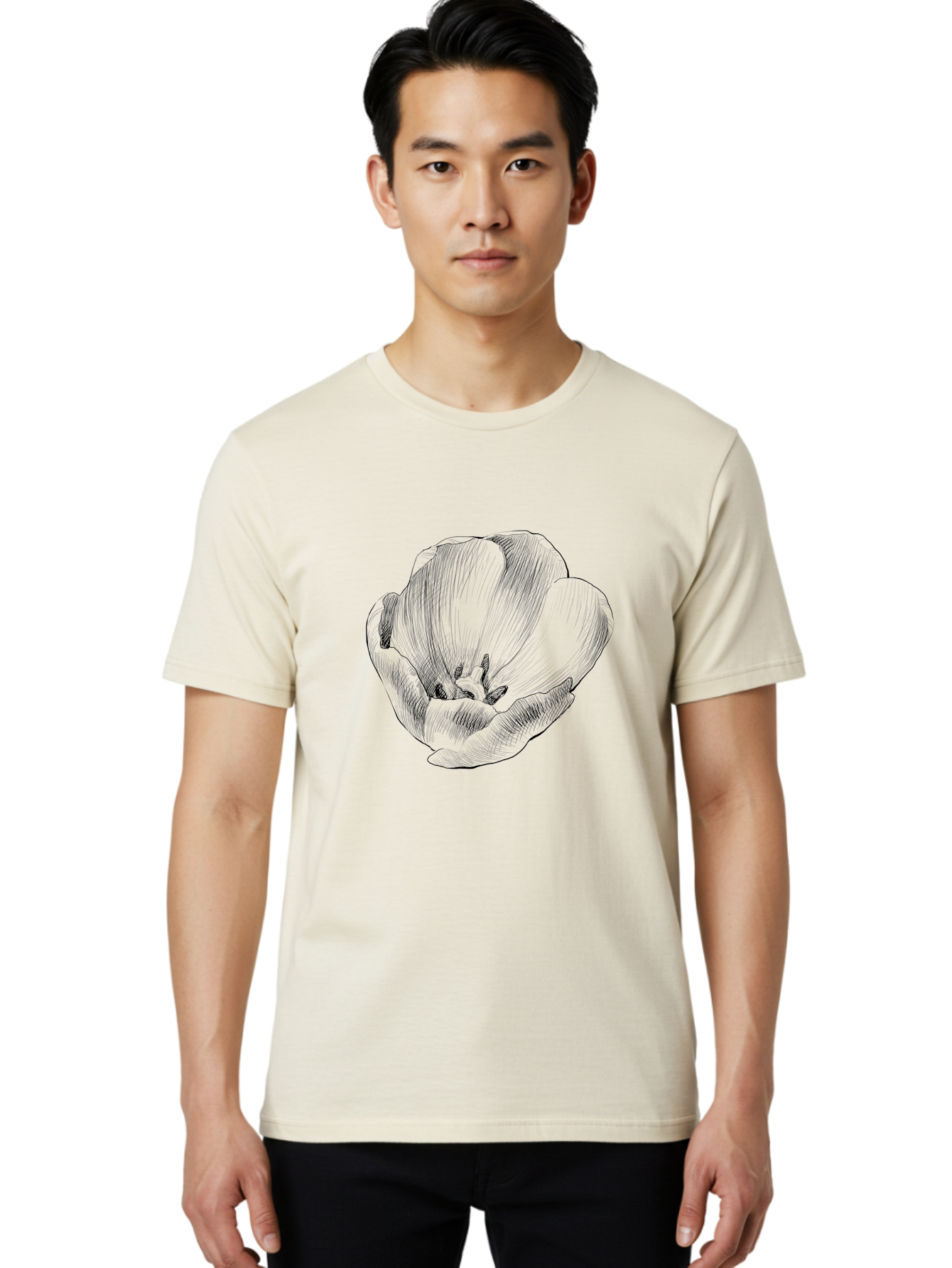 Tulip Men'S Graphic Tee, 100% Cotton, Comfortable Casual Summer Wear, Machine Washable, Hand-Drawn Tulip, Flower Illustration, Botanical Art, Sketched Petals, Elegant Design, Floral Motif, Delicate Lines Aac277