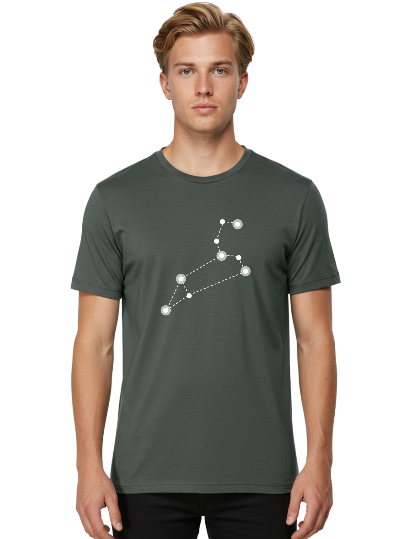Big-Dipper Men'S Graphic Tee, 100% Cotton, Comfortable Casual Summer Wear, Machine Washable, Constellation Pattern, Big Dipper Stars, Astronomy Symbol, Glowing Constellation, Dotted Lines Connecting Stars, White Stars On Green, Aac278