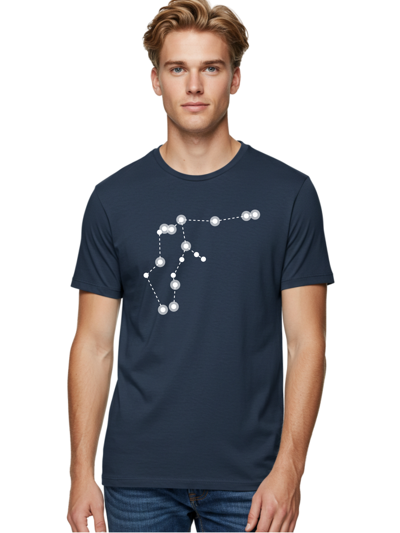 Constellation Men'S Graphic Tee, 100% Cotton, Comfortable Casual Summer Wear, Machine Washable, Stars Connected By Dotted Lines, Glowing White Dots, Celestial Navigation, Astronomy, Constellations, Starry Night Sky, Nighttime, Aac289