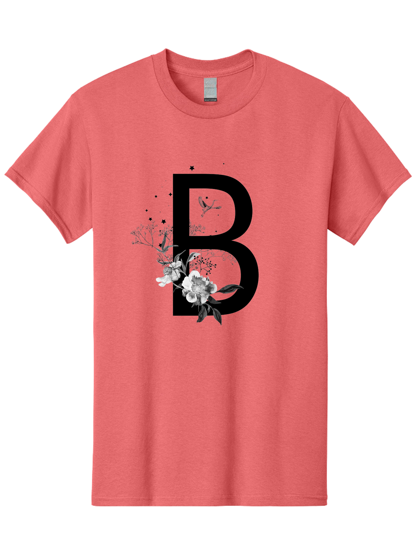 B Men'S Graphic Tee, 100% Cotton, Comfortable Casual Summer Wear, Machine Washable, Large Letter B, Floral Design, White Flowers, Hummingbird, Black Silhouette, Whimsical Illustration, Botanical Art, Black Stars Aac290