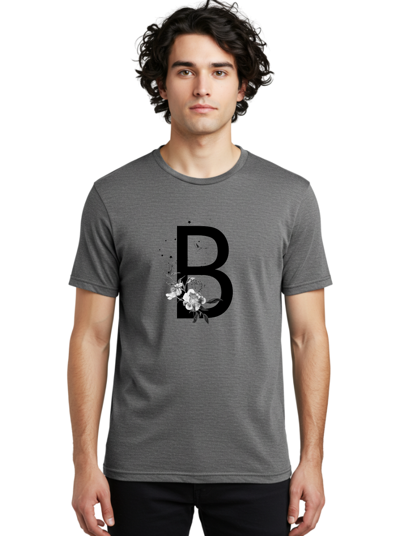 B Men'S Graphic Tee, 100% Cotton, Comfortable Casual Summer Wear, Machine Washable, Large Letter B, Floral Design, White Flowers, Hummingbird, Black Silhouette, Whimsical Illustration, Botanical Art, Black Stars Aac290