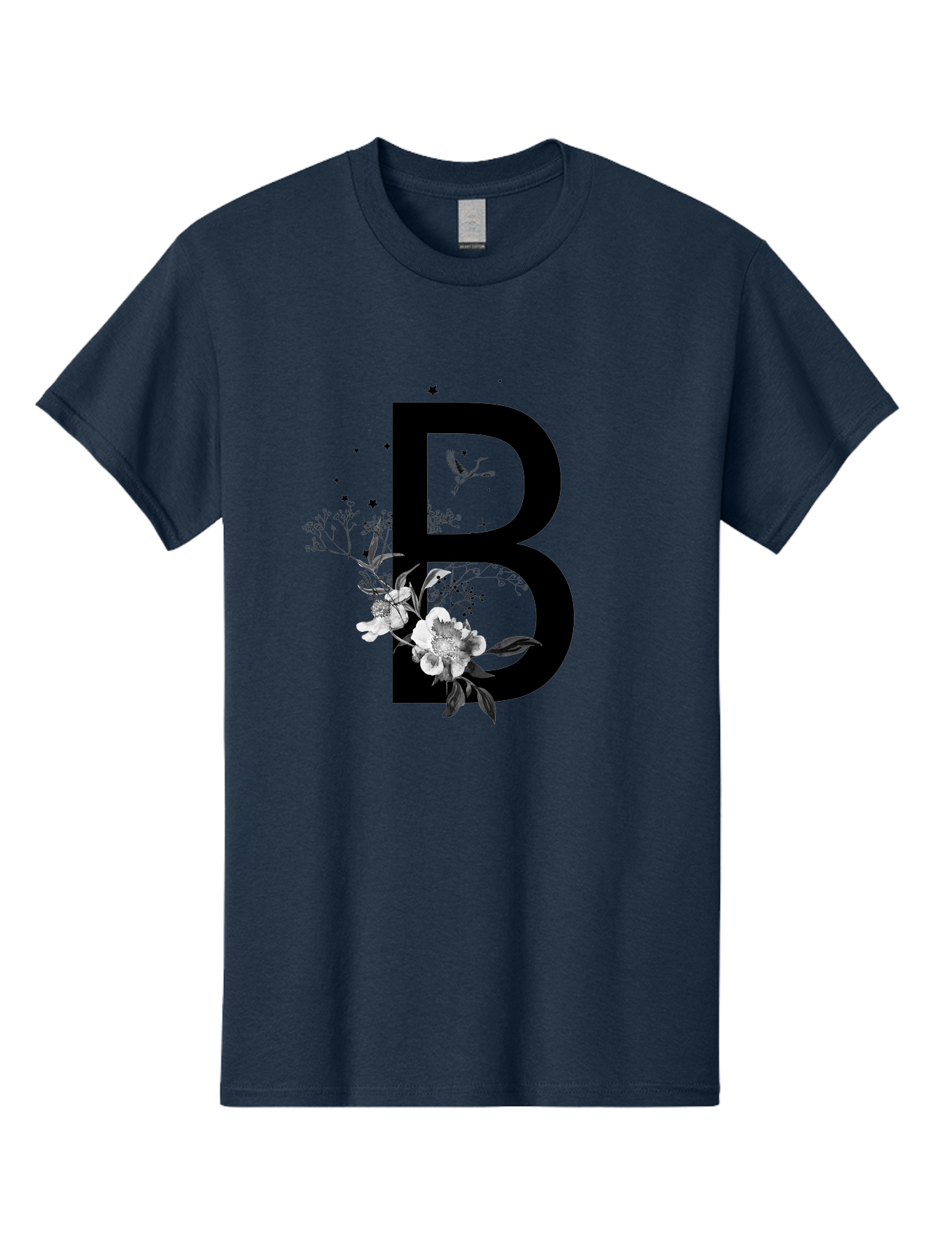 B Men'S Graphic Tee, 100% Cotton, Comfortable Casual Summer Wear, Machine Washable, Large Letter B, Floral Design, White Flowers, Hummingbird, Black Silhouette, Whimsical Illustration, Botanical Art, Black Stars Aac290