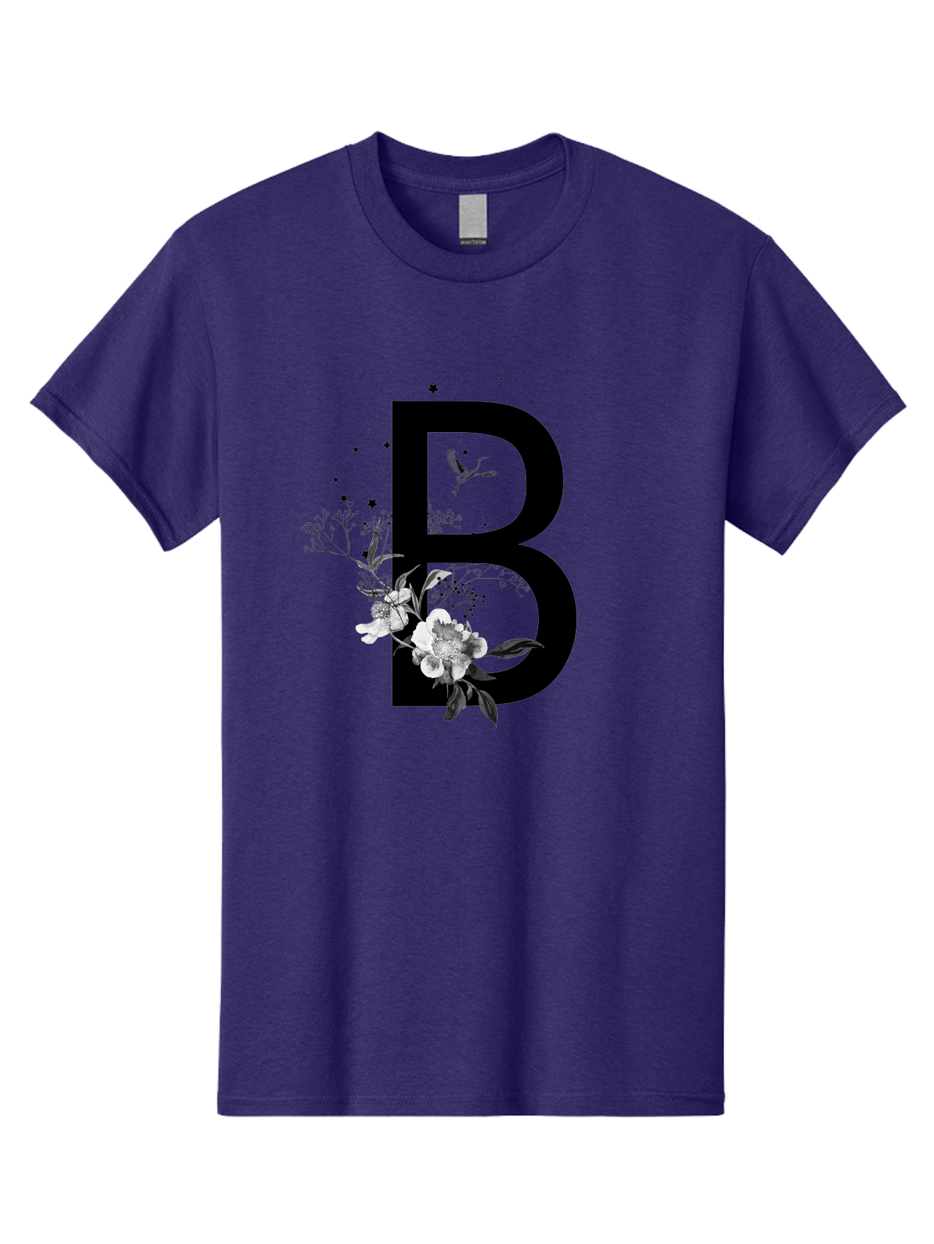 B Men'S Graphic Tee, 100% Cotton, Comfortable Casual Summer Wear, Machine Washable, Large Letter B, Floral Design, White Flowers, Hummingbird, Black Silhouette, Whimsical Illustration, Botanical Art, Black Stars Aac290
